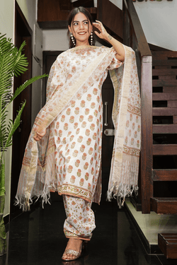Light Peach & White  Bagru Hand Block Print Ready to wear Salwar-Kameez with Dupatta - Isadora Life Online Shopping Store