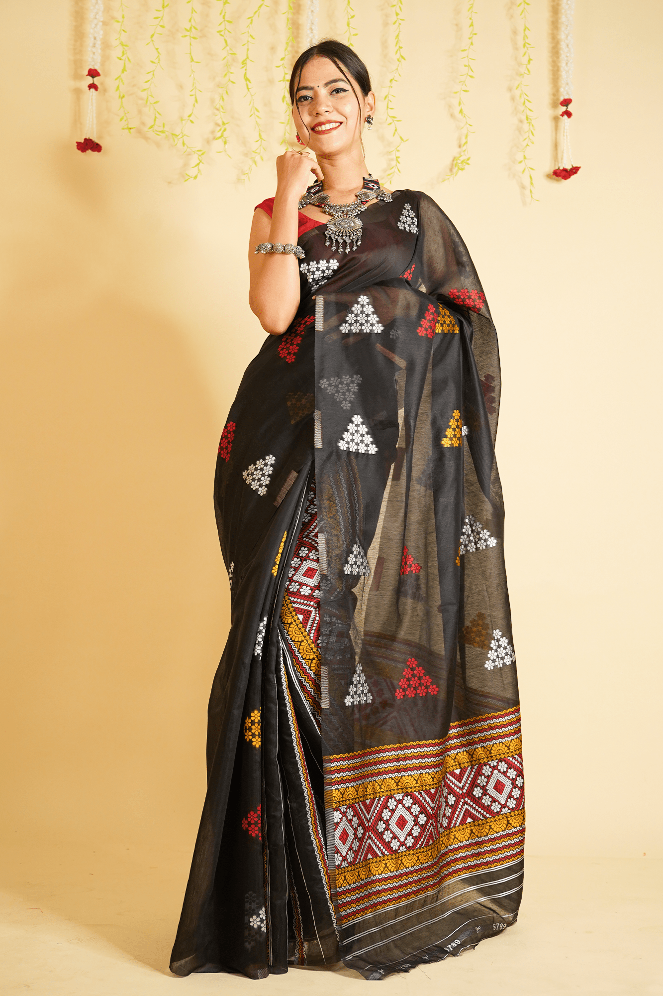 Ready to Wear Assamese Embroidered Center Pleats and Butis  Jamdani cotton Wrap in 1 minute saree With Readymade Blouse - Isadora Life Online Shopping Store