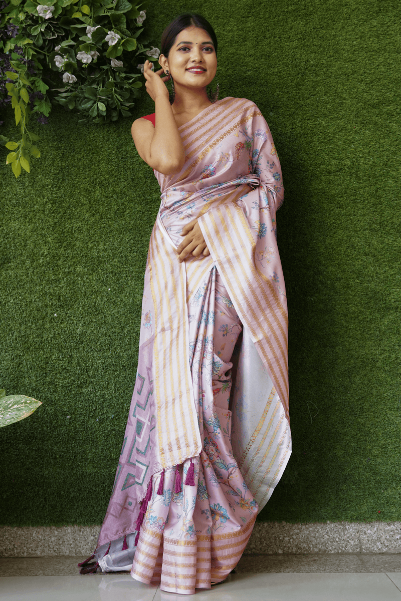 Ready To Wear Pink with Multicoloured Floral Banarsee Soft Silk Wrap in 1 minute saree With Readymade Blouse - Isadora Life Online Shopping Store