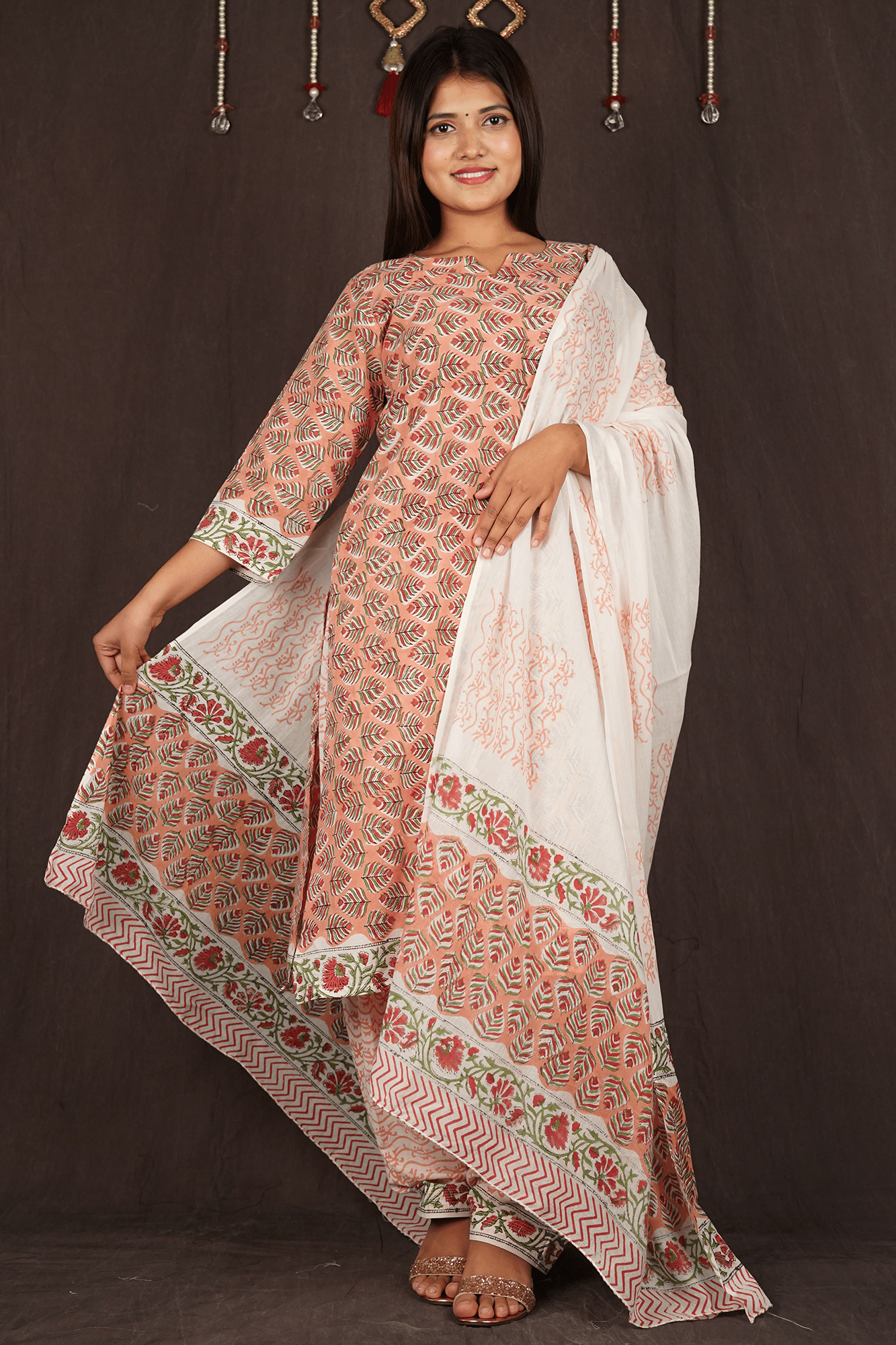 White-Peach Printed Cotton Ready to wear Salwar-Kameez with Dupatta - Isadora Life Online Shopping Store
