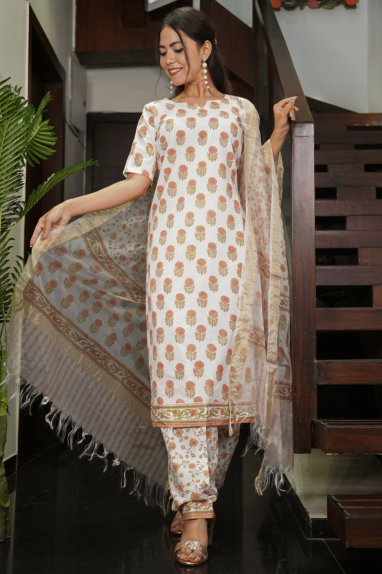 Light Peach & White  Bagru Hand Block Print Ready to wear Salwar-Kameez with Dupatta - Isadora Life Online Shopping Store