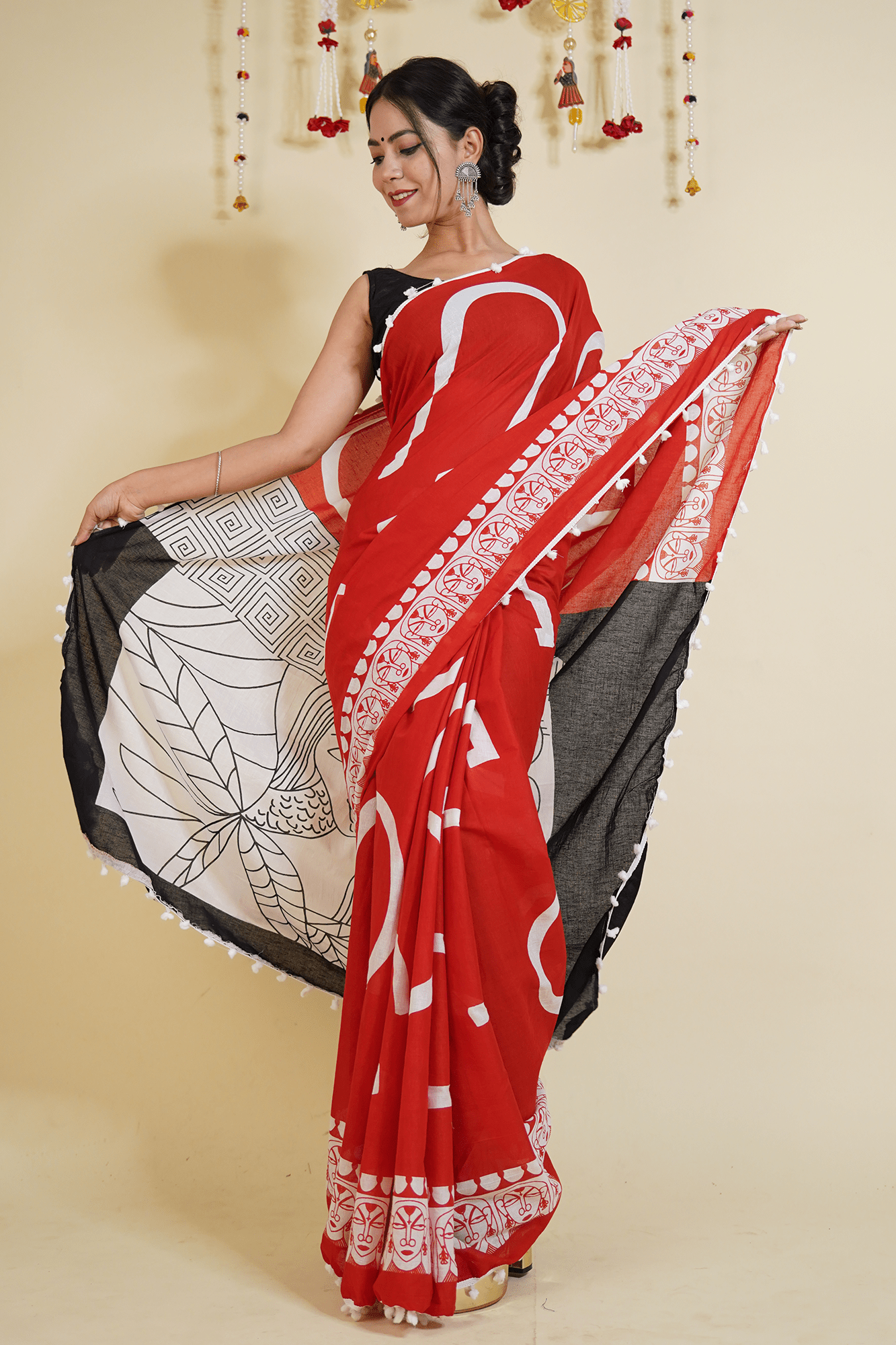 Red Handblock Vegetable Dye Mul Mul Cotton Wrap in 1 minute saree - Isadora Life Online Shopping Store