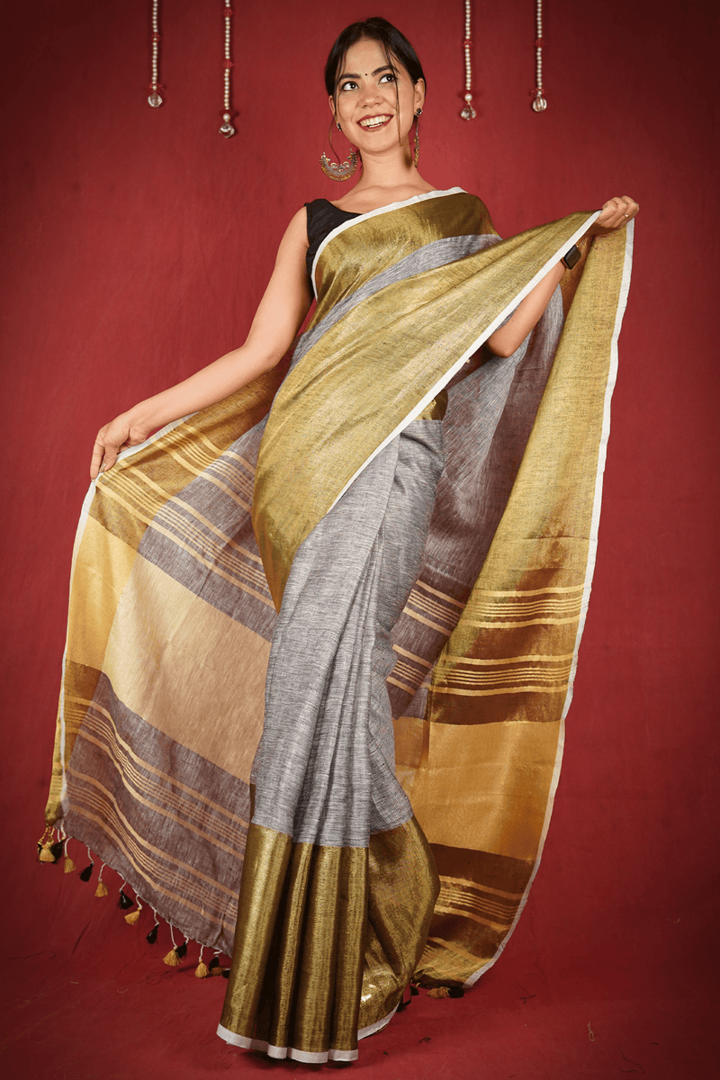 Grey & gold  Bhagalpuri linen wrap in 1 minute saree with tassels in pallu - Isadora Life Online Shopping Store