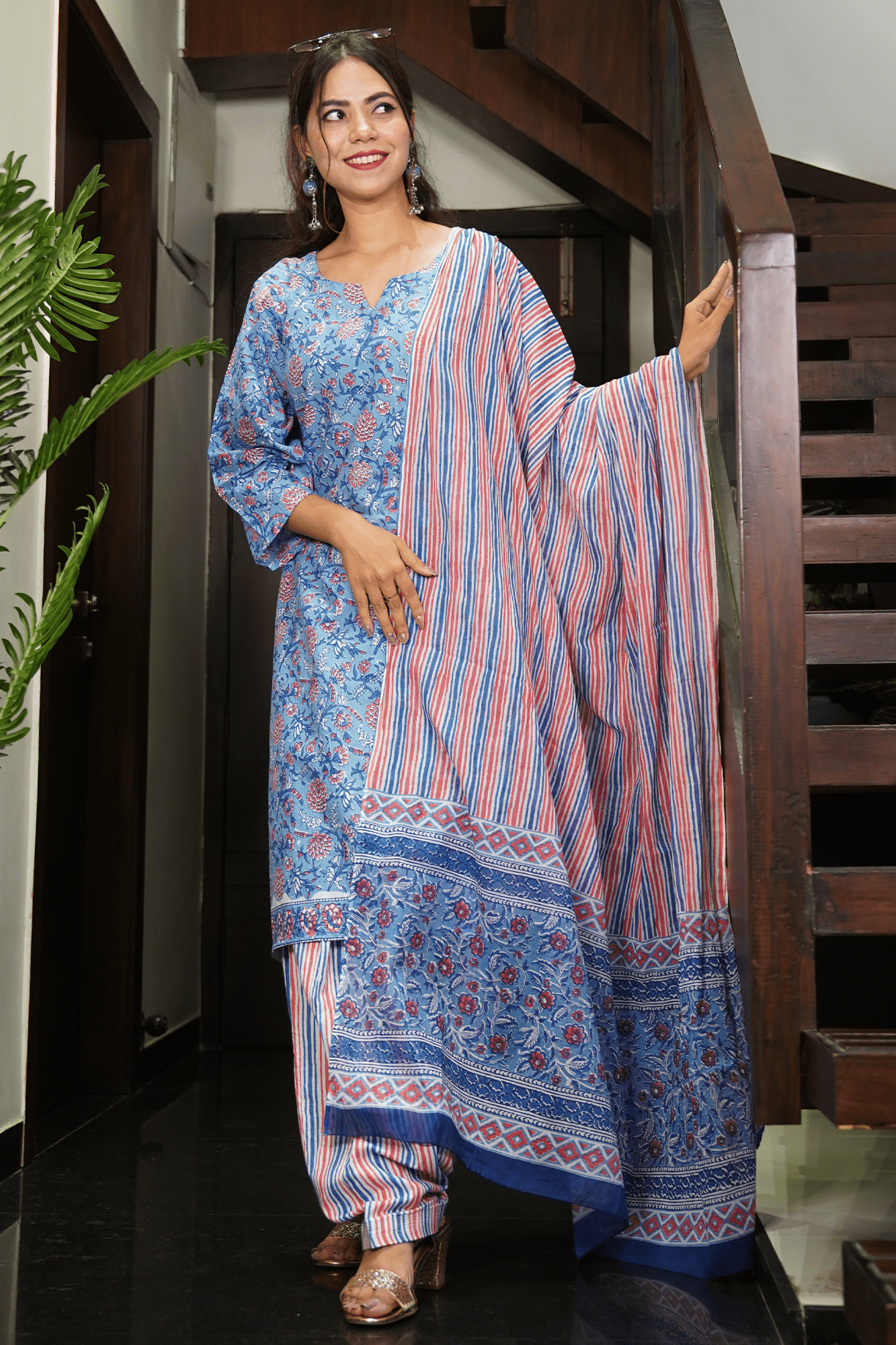 Kalamkari Printed Blue Red Cotton Comfortable Ready to wear Salwar K