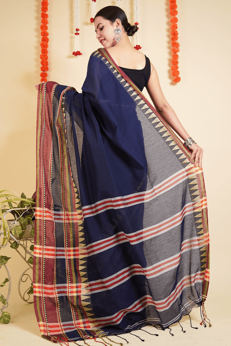 Ready To Wear Traditional Bengali Temple Border Woven Cotton Saree Wrap in 1 minute saree With Readymade blouse - Isadora Life Online Shopping Store