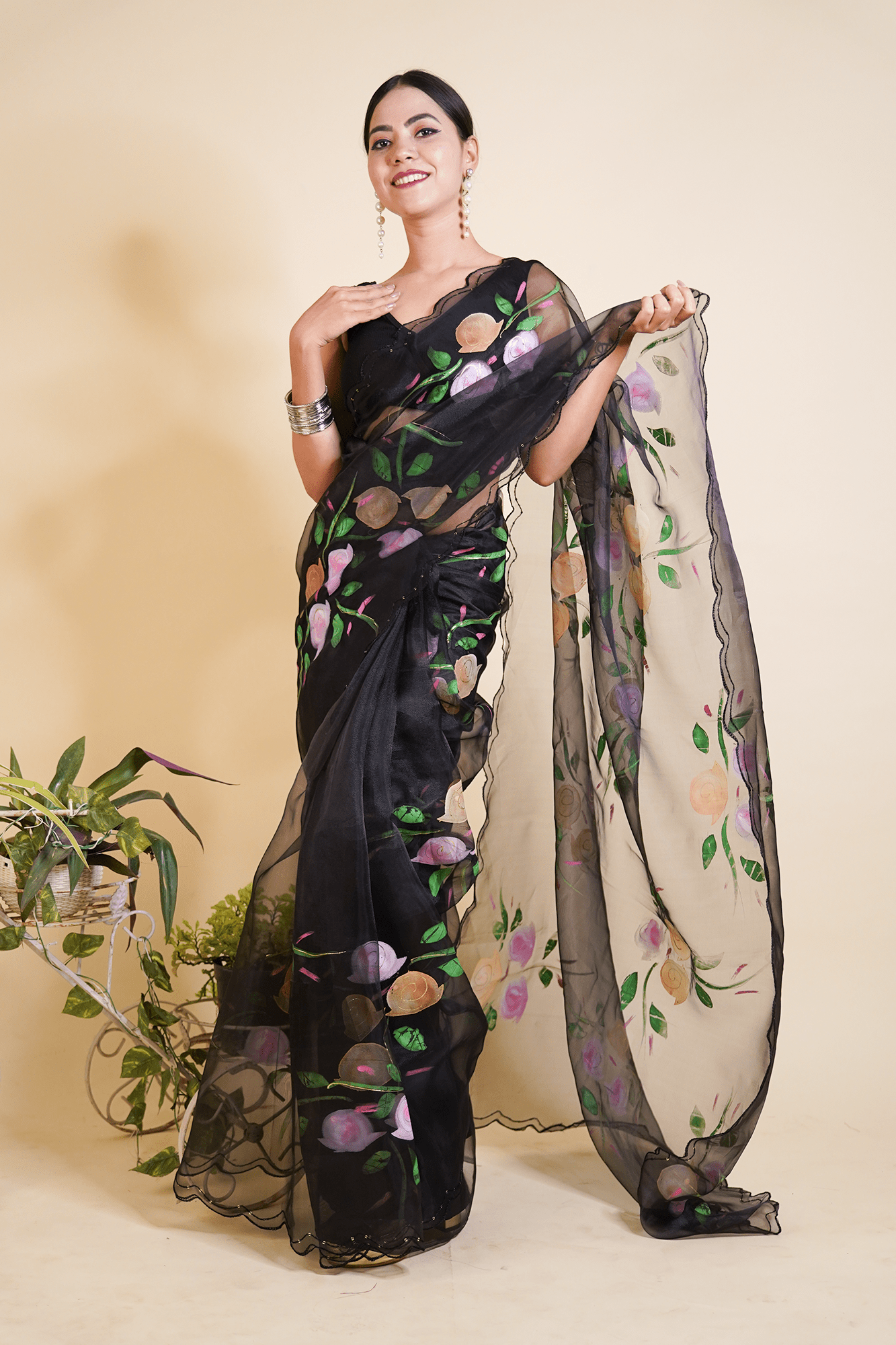 Black & Pink Floral Fabric Printed with Sequins interwoven Organza  Wrap in 1 minute saree - Isadora Life Online Shopping Store