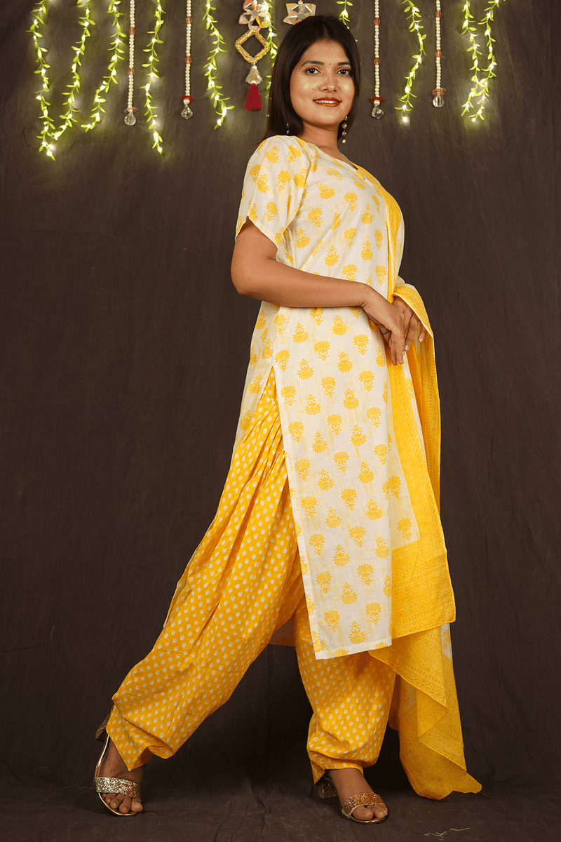 Yellow-White Hand Block Printed Ready to wear Salwar-Kameez with Dupatta - Isadora Life Online Shopping Store