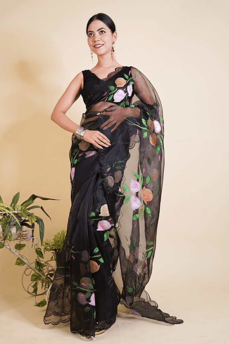 Black & Pink Floral Fabric Printed with Sequins interwoven Organza  Wrap in 1 minute saree - Isadora Life Online Shopping Store