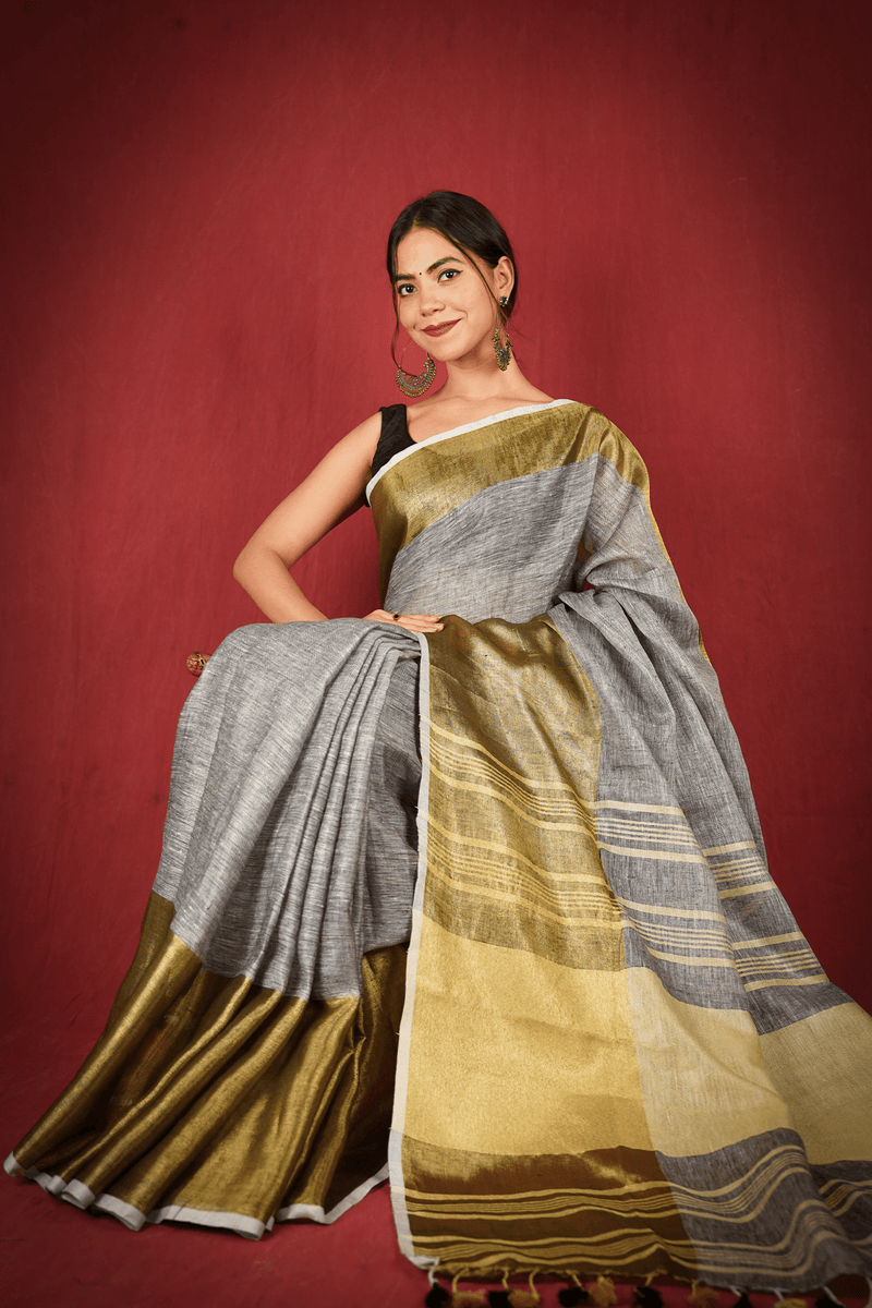 Grey & gold  Bhagalpuri linen wrap in 1 minute saree with tassels in pallu - Isadora Life Online Shopping Store