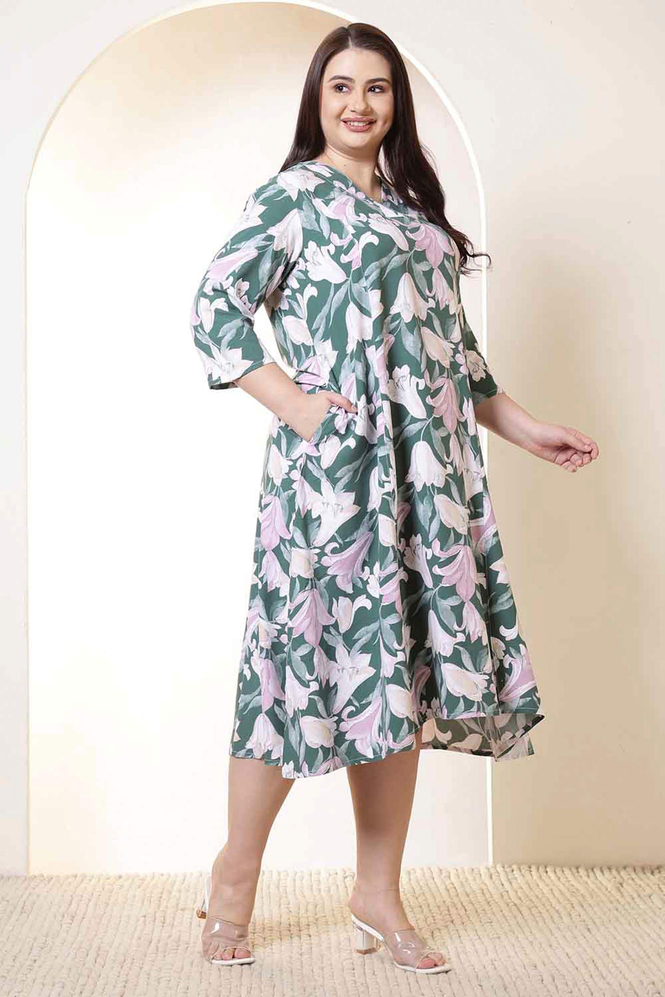 Plus Size Green &amp; Pink Flower Print Rayon Midi Dress | Made to Order