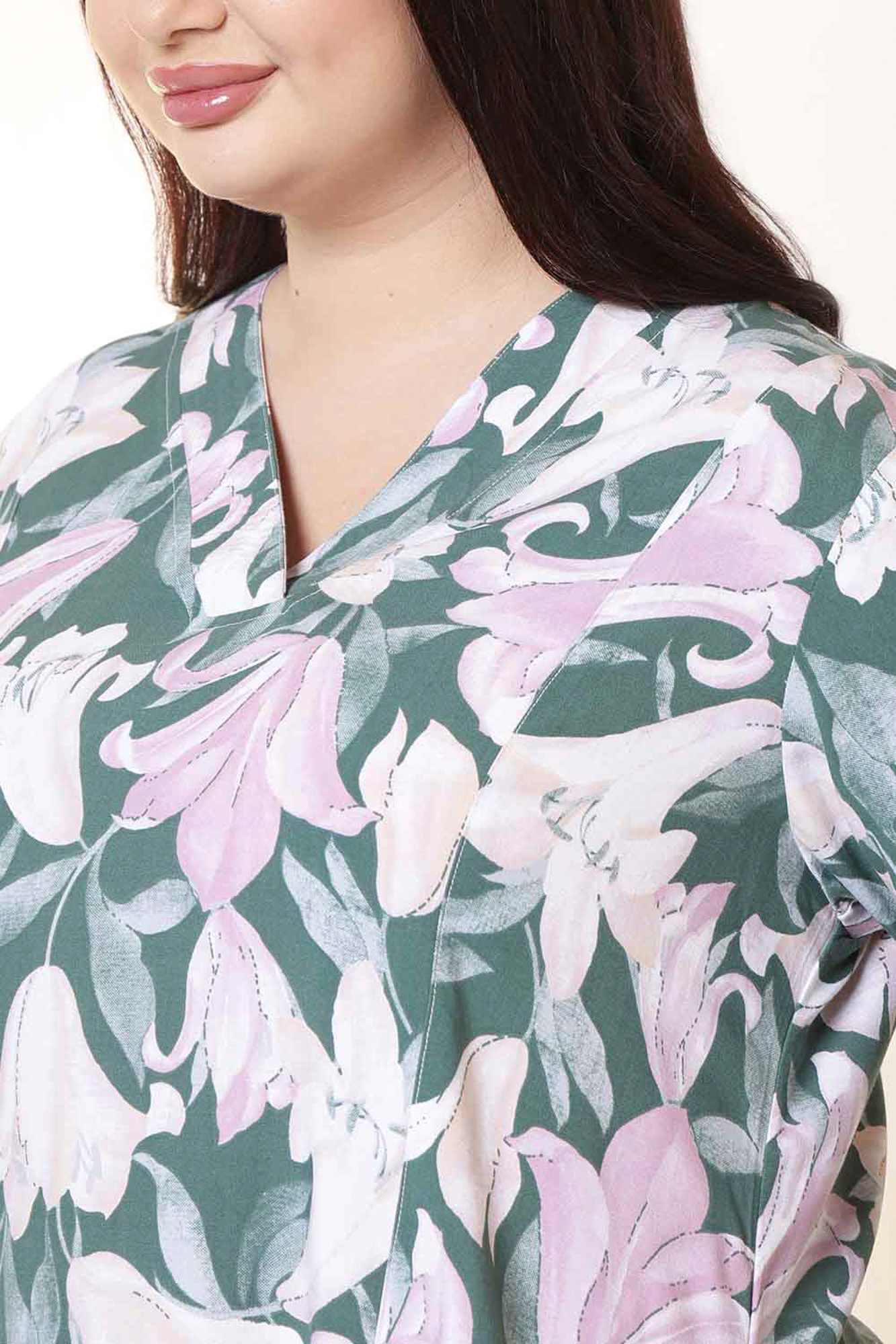 Plus Size Green &amp; Pink Flower Print Rayon Midi Dress | Made to Order