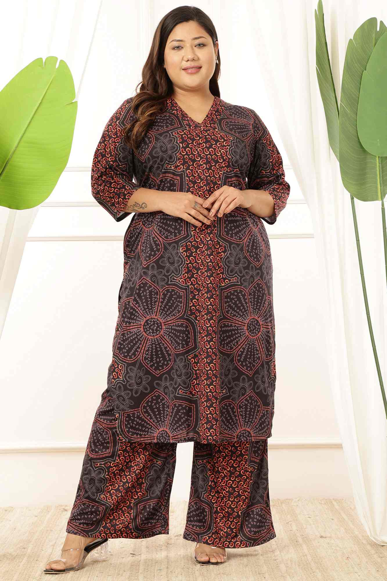 Plus Size Maroon Floral V Neck Kurta Coord Set for Women | Made to Order
