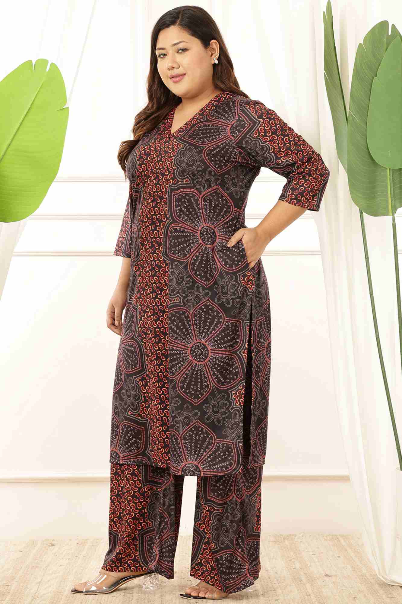 Plus Size Maroon Floral V Neck Kurta Coord Set for Women | Made to Order