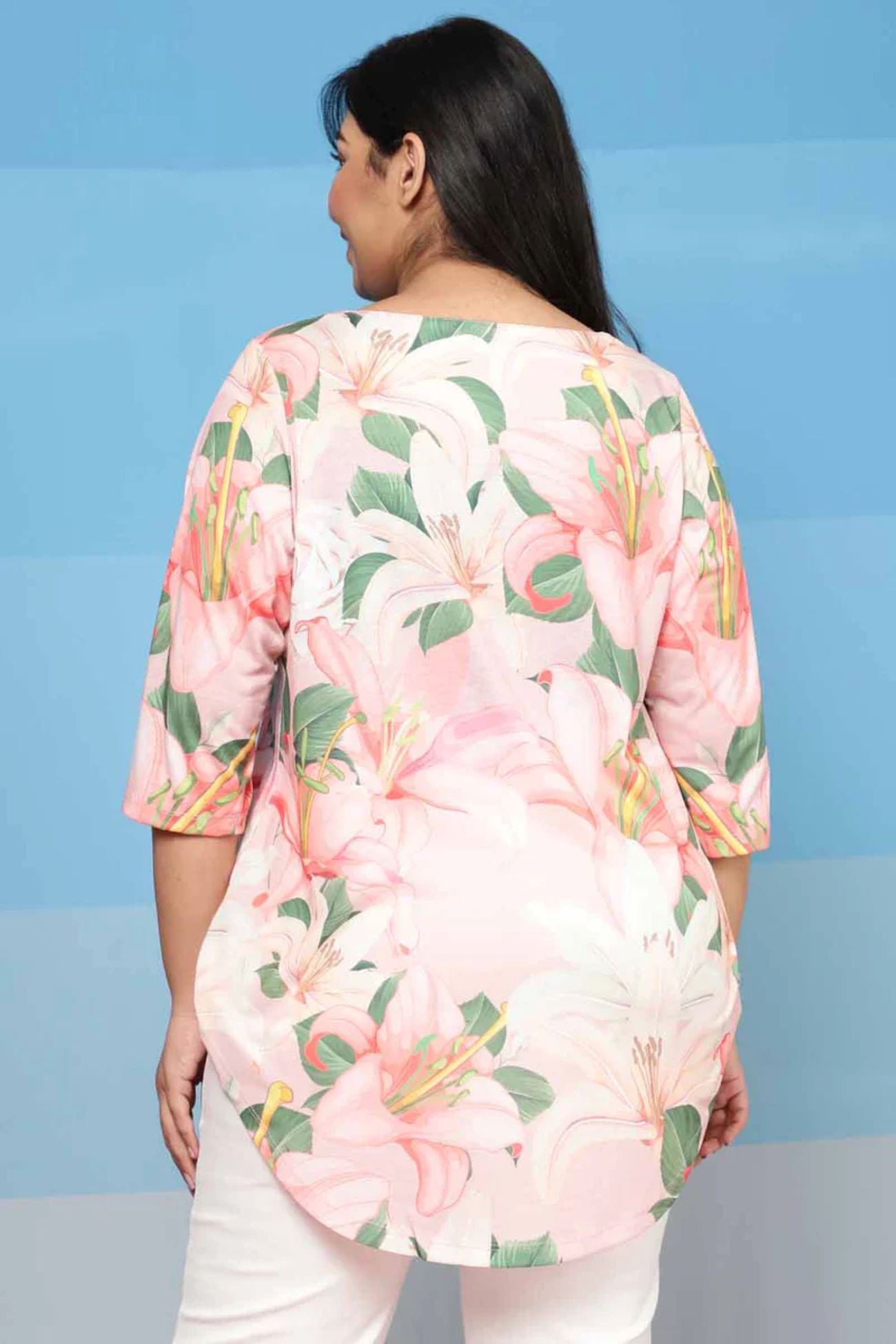 Plus Size Light Pink Floral Centre Pleat Top in Soft Blended Knitted fabric for Women | Made to Order