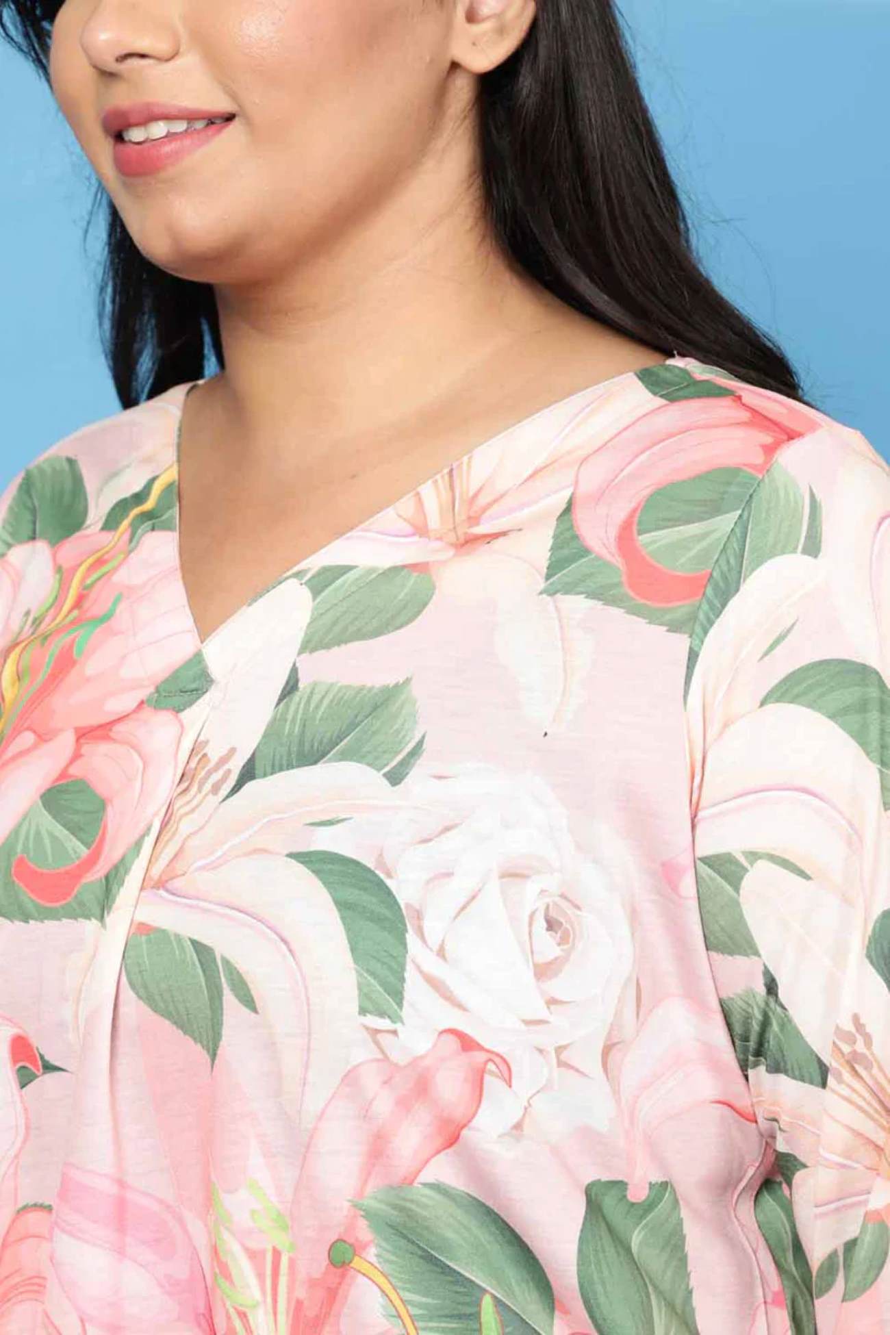Plus Size Light Pink Floral Centre Pleat Top in Soft Blended Knitted fabric for Women | Made to Order