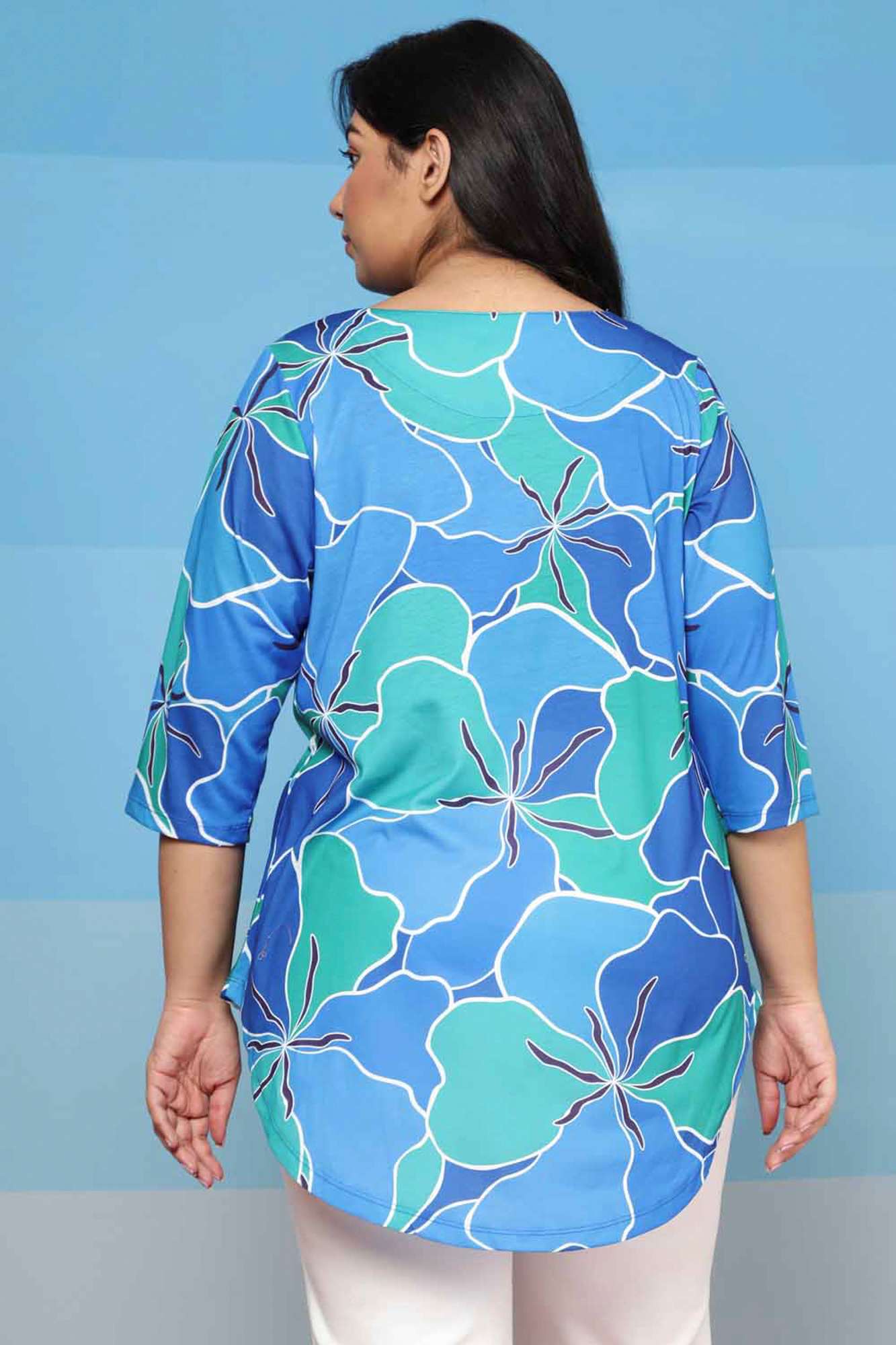 Plus Size Blue Green Abstract Center Pleat Top in Soft knitted fabric | Made to Order