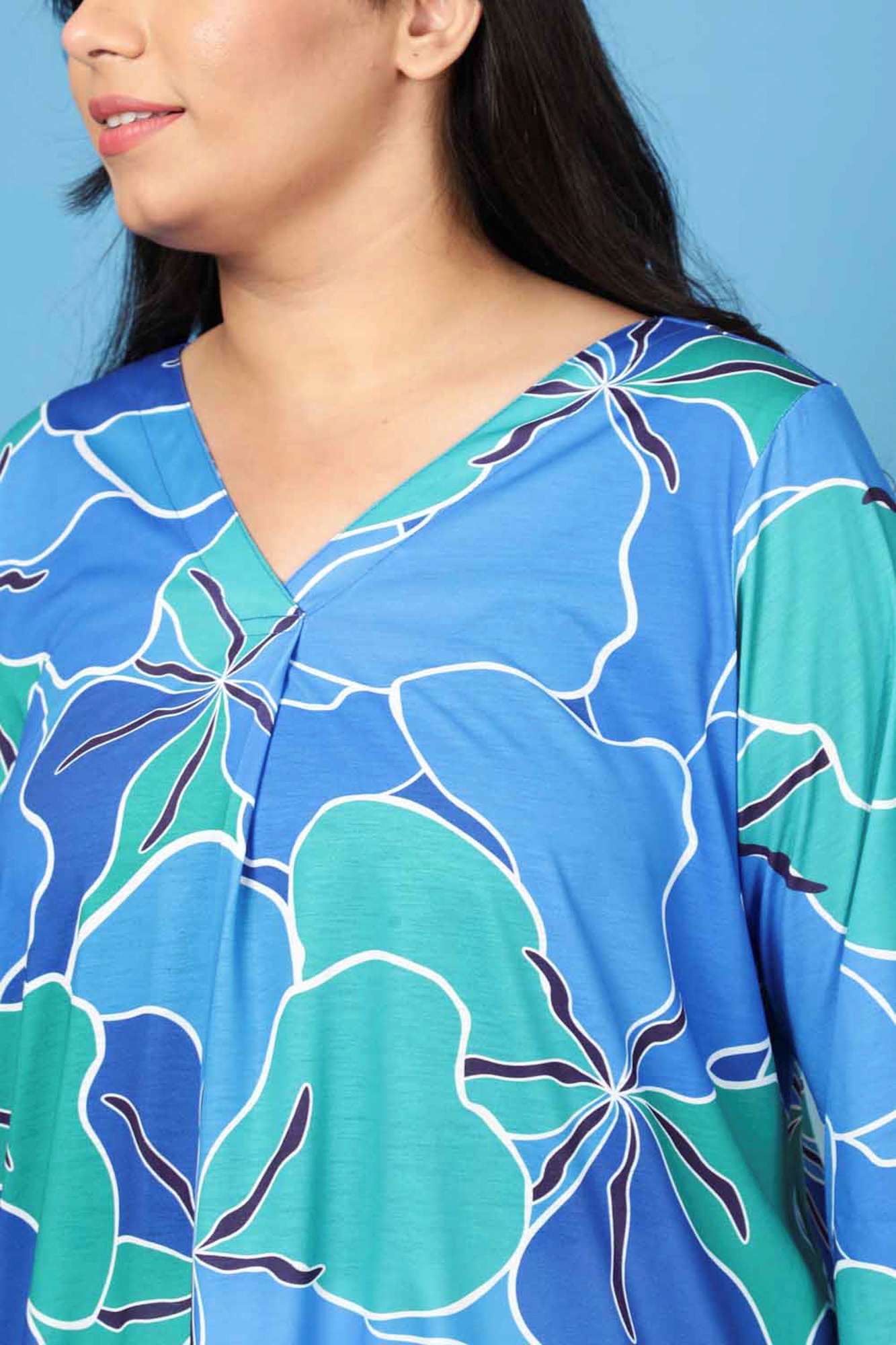 Plus Size Blue Green Abstract Center Pleat Top in Soft knitted fabric | Made to Order