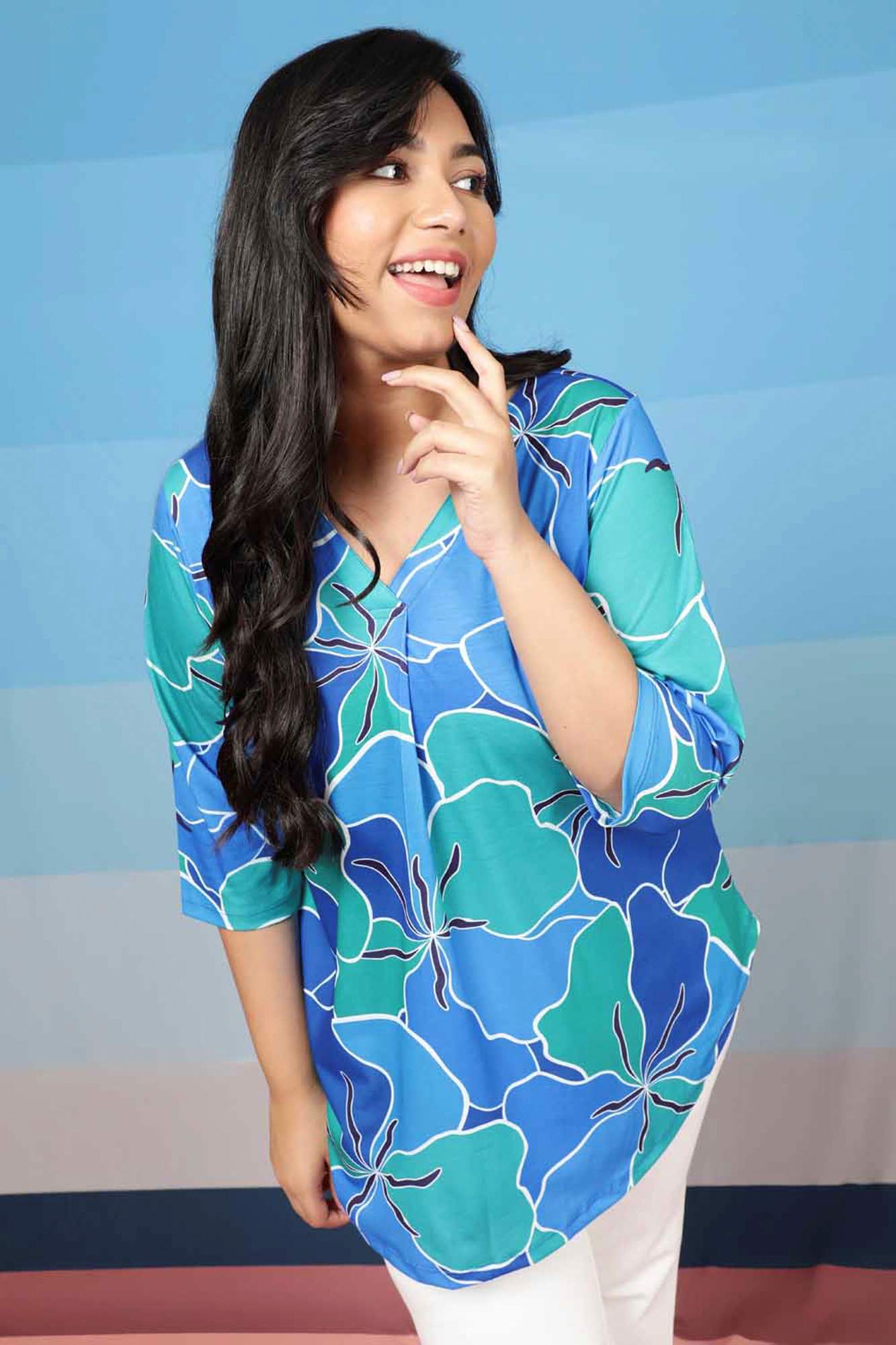 Plus Size Blue Green Abstract Center Pleat Top in Soft knitted fabric | Made to Order