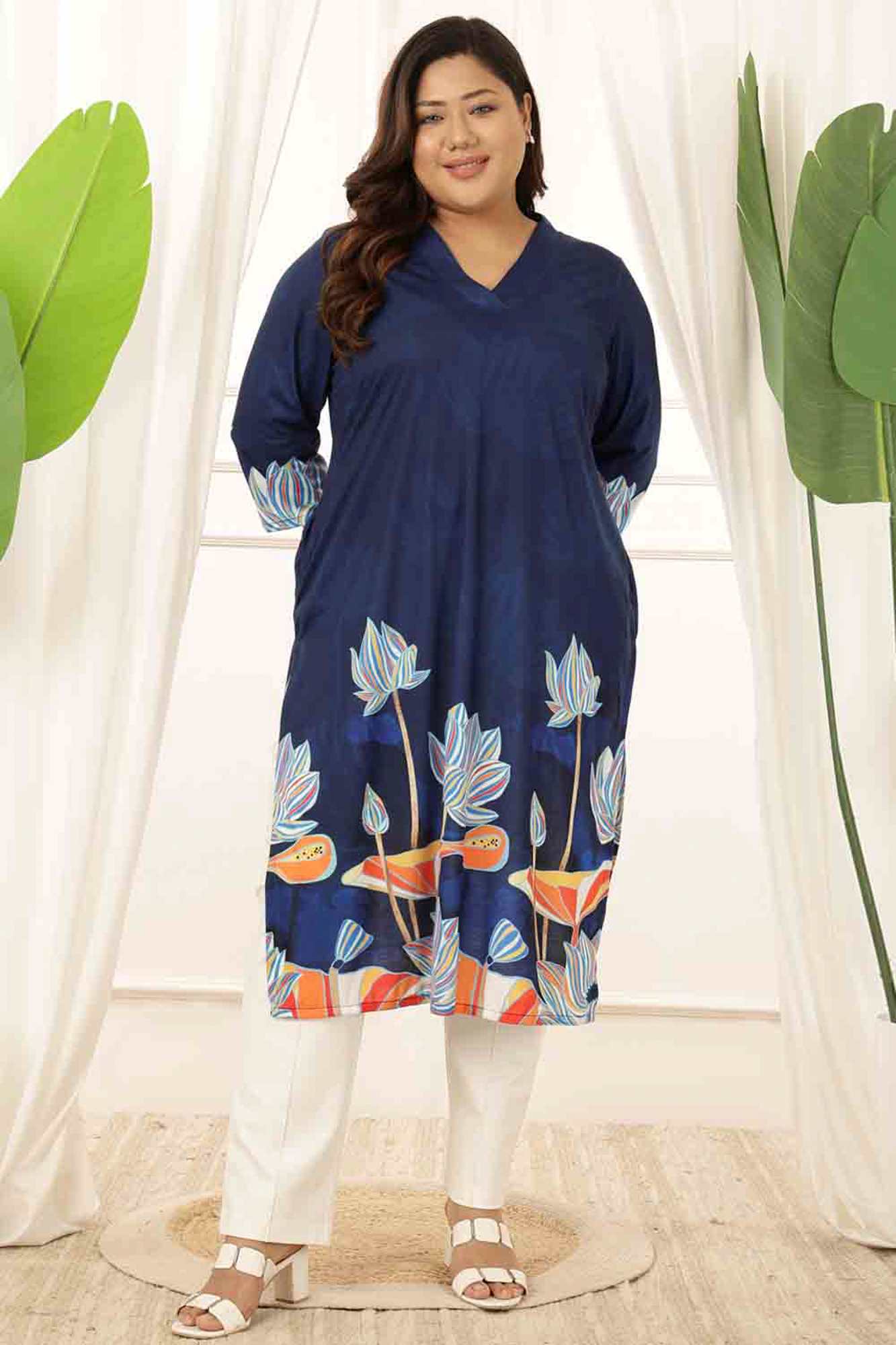Plus Size Blue Floral V Neck Kurta Tunic in Soft knitted fabric | Made to Orde