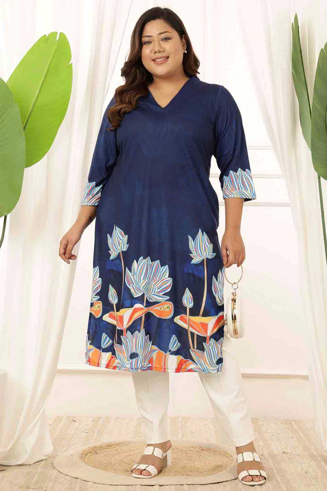 Plus Size Blue Floral V Neck Kurta Tunic in Soft knitted fabric | Made to Orde