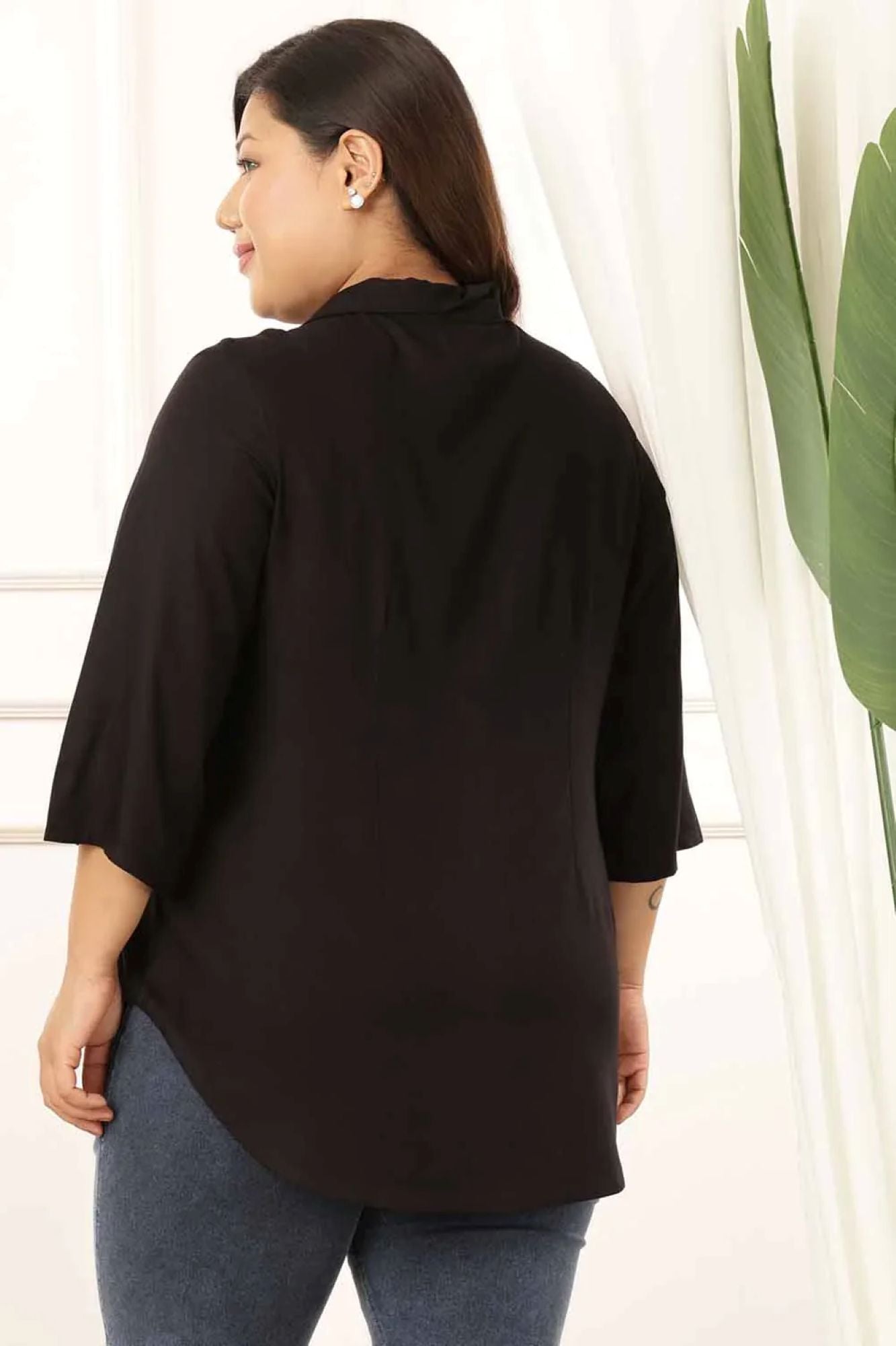 Plus Size Black Cuban Collar Rayon Twill Shirt | Made to Order
