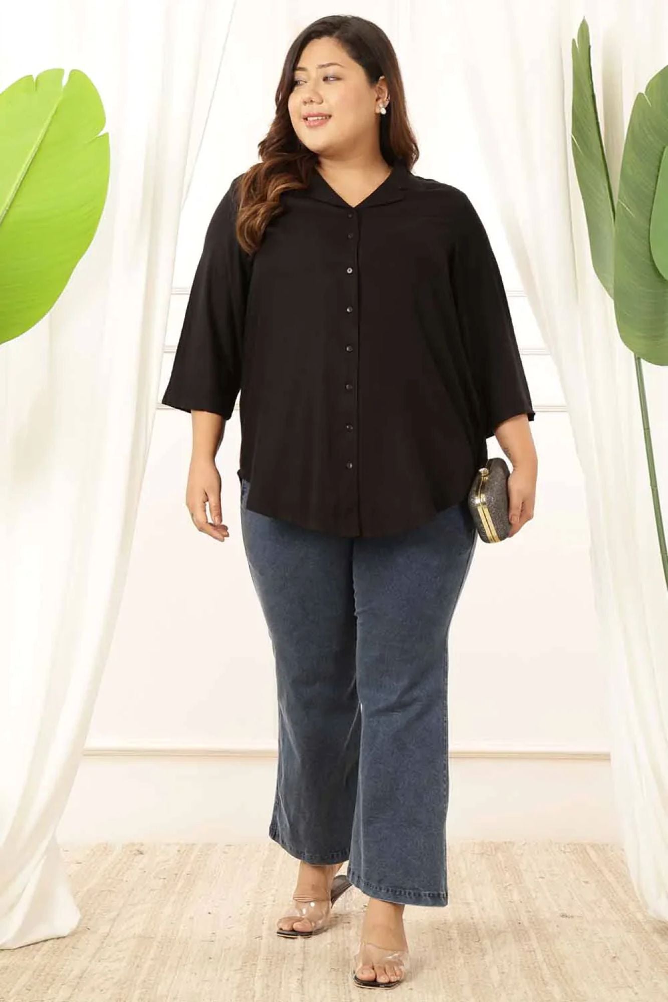 Plus Size Black Cuban Collar Rayon Twill Shirt | Made to Order