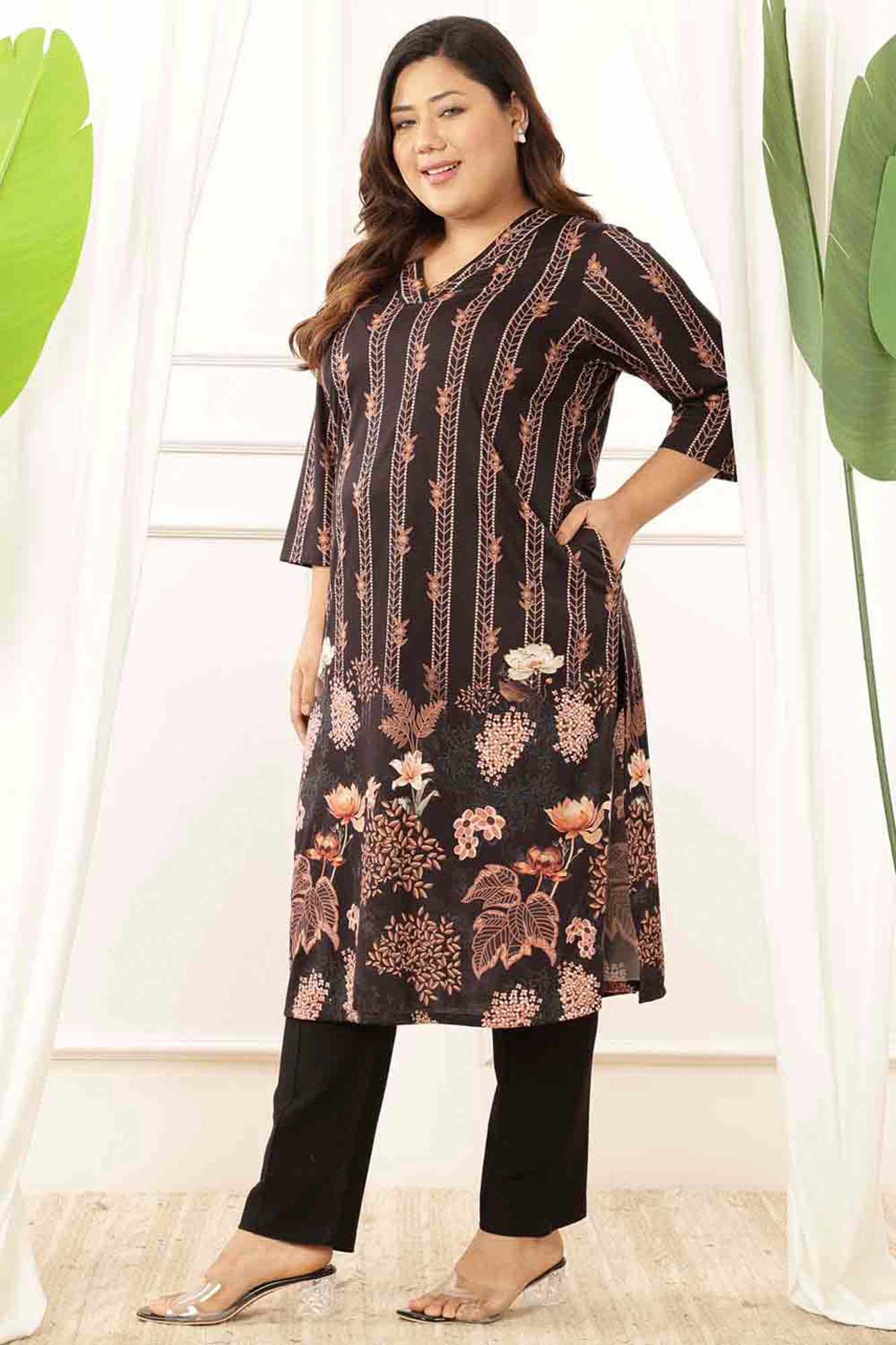 Plus Size Black Floral V Neck Kurta Tunic in Soft knitted fabric | Made to Order