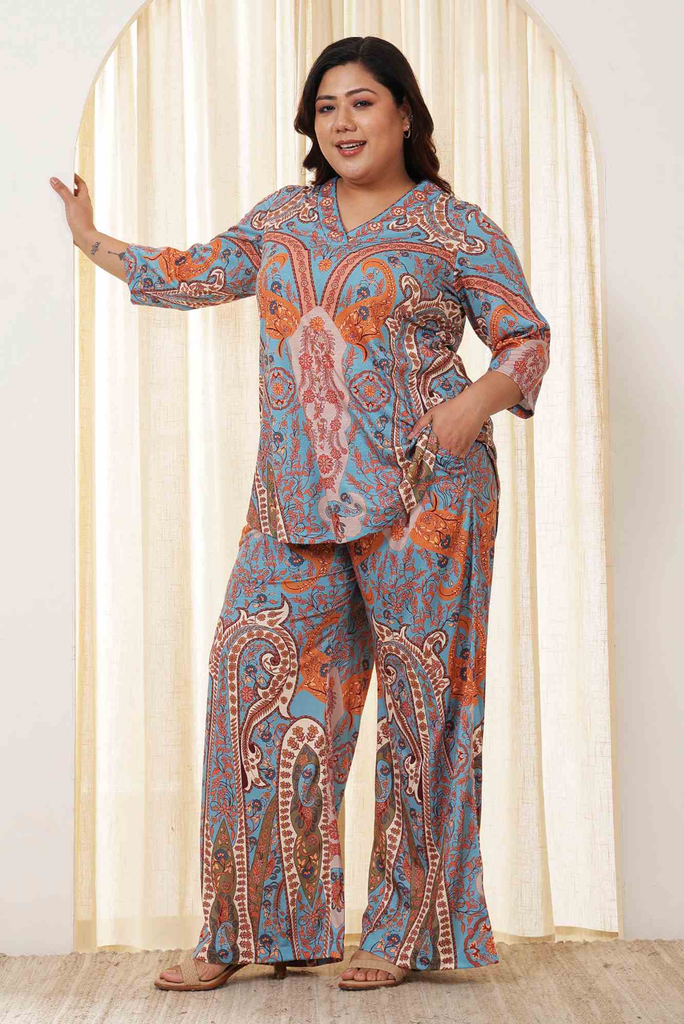 Plus Size Paisleys Multicolor Top Coord Set For Women | Made to Order