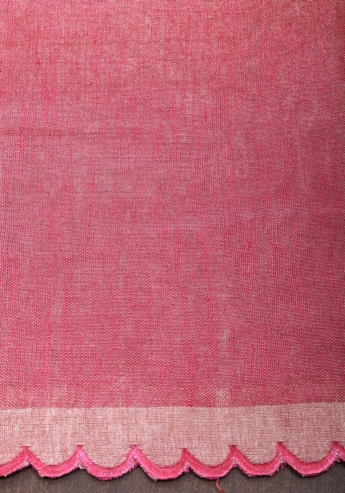 Reddish Pink tone Scalloped Tissue Linen Saree and golden border  | Shobitam Saree