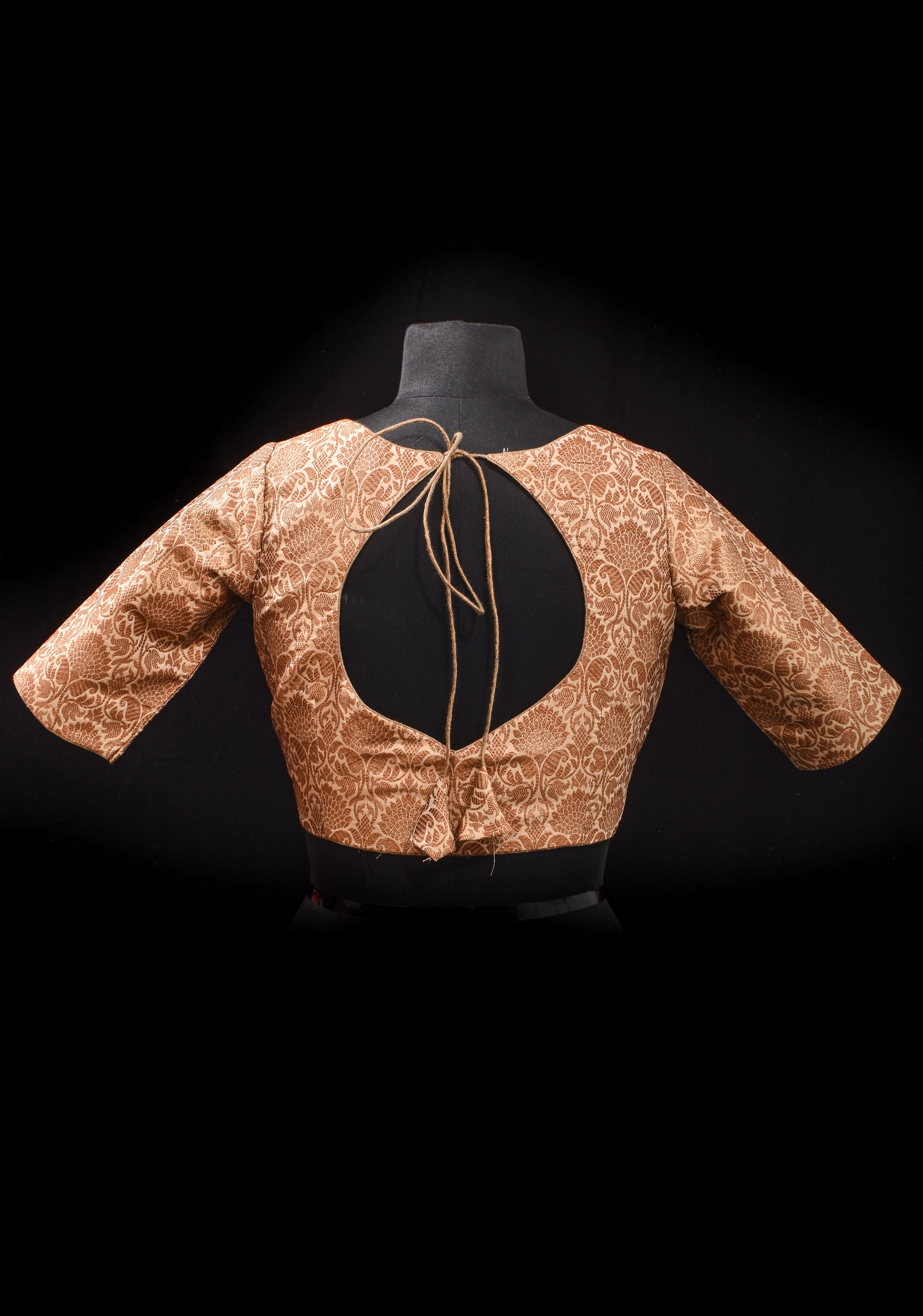 Elegant Antique Gold Floral Brocade Banarasi blouse with leaf and matka neck, Made to Order | Shobitam