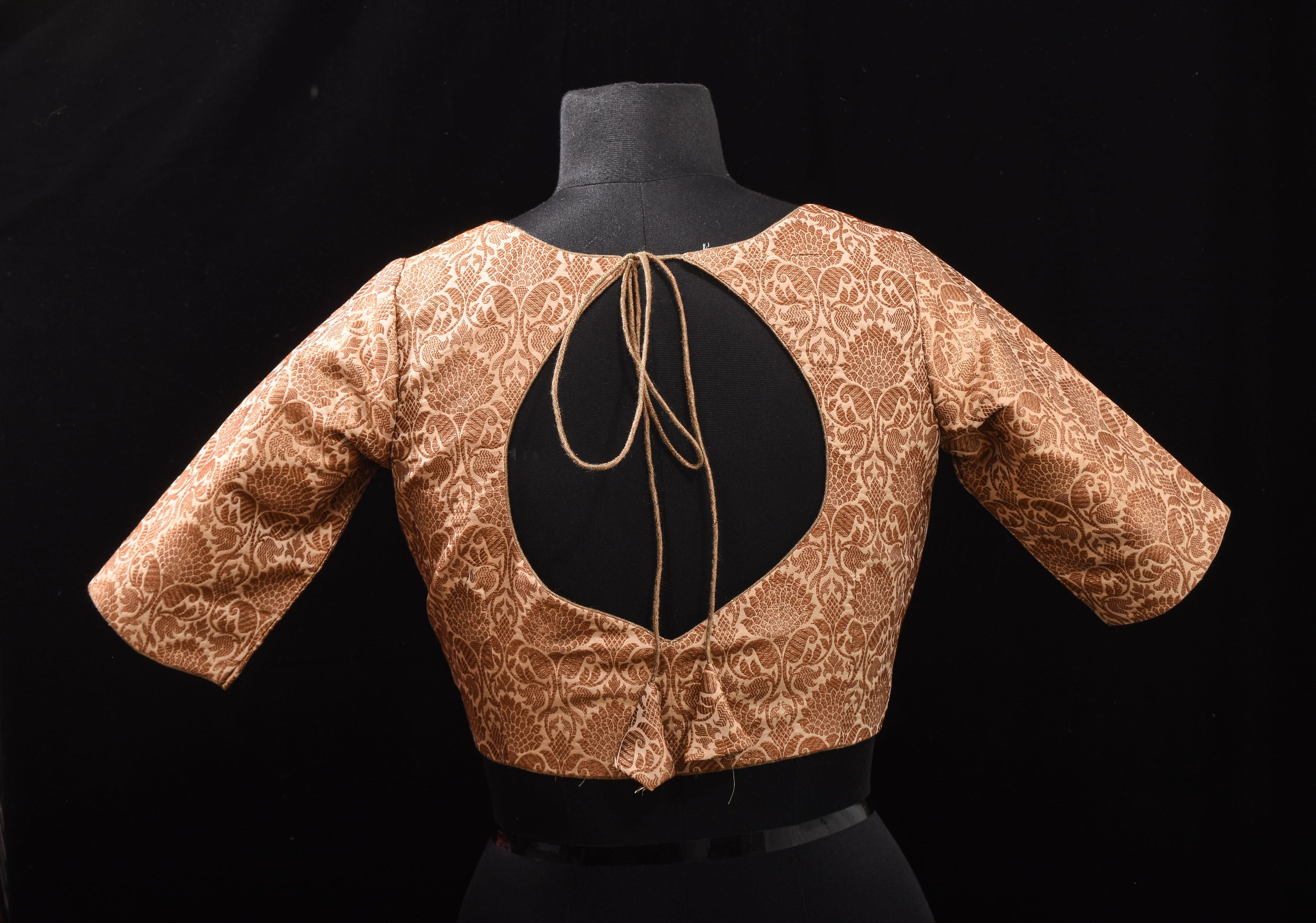 Elegant Antique Gold Floral Brocade Banarasi blouse with leaf and matka neck, Made to Order | Shobitam