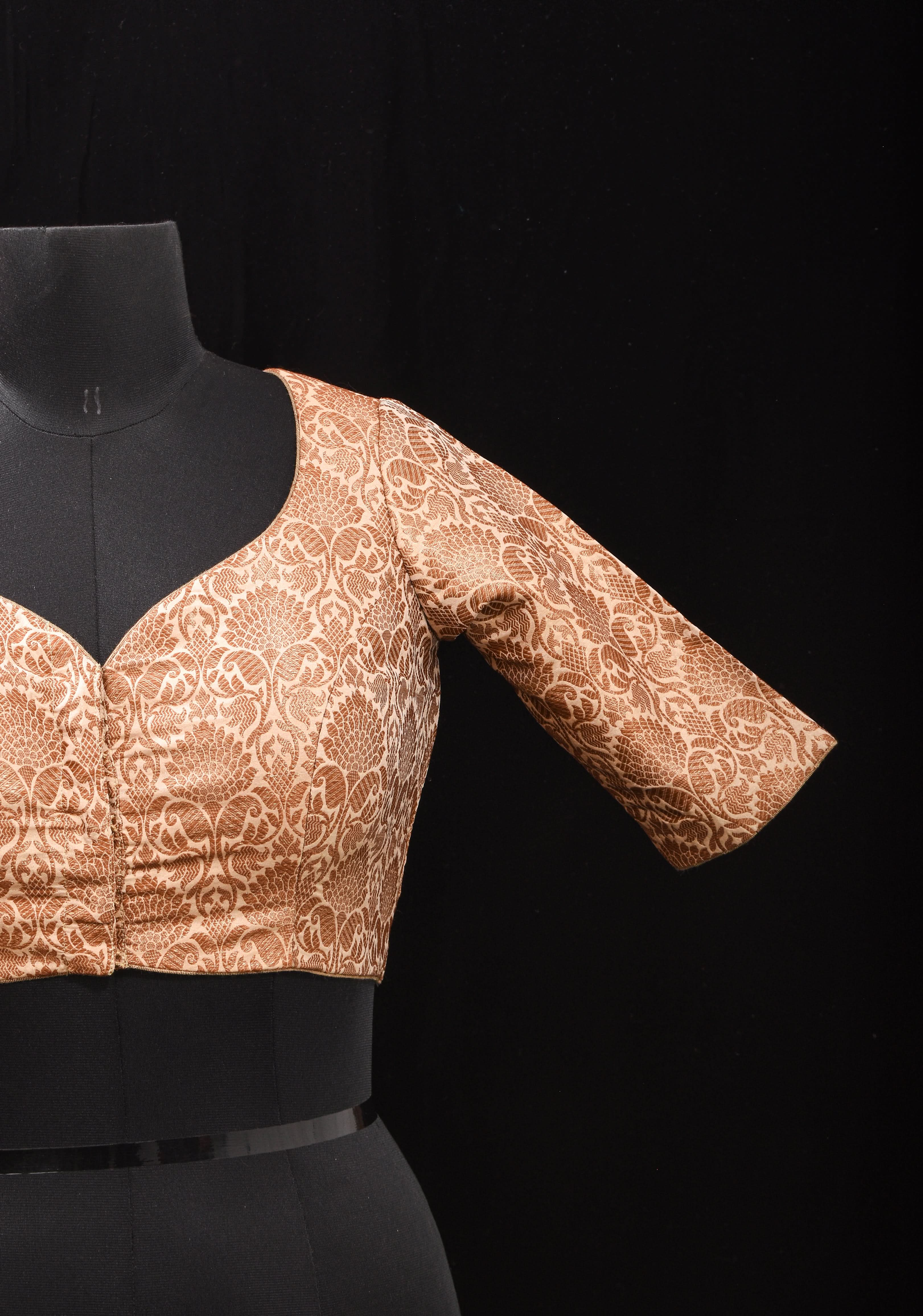 Elegant Antique Gold Floral Brocade Banarasi blouse with leaf and matka neck, Made to Order | Shobitam
