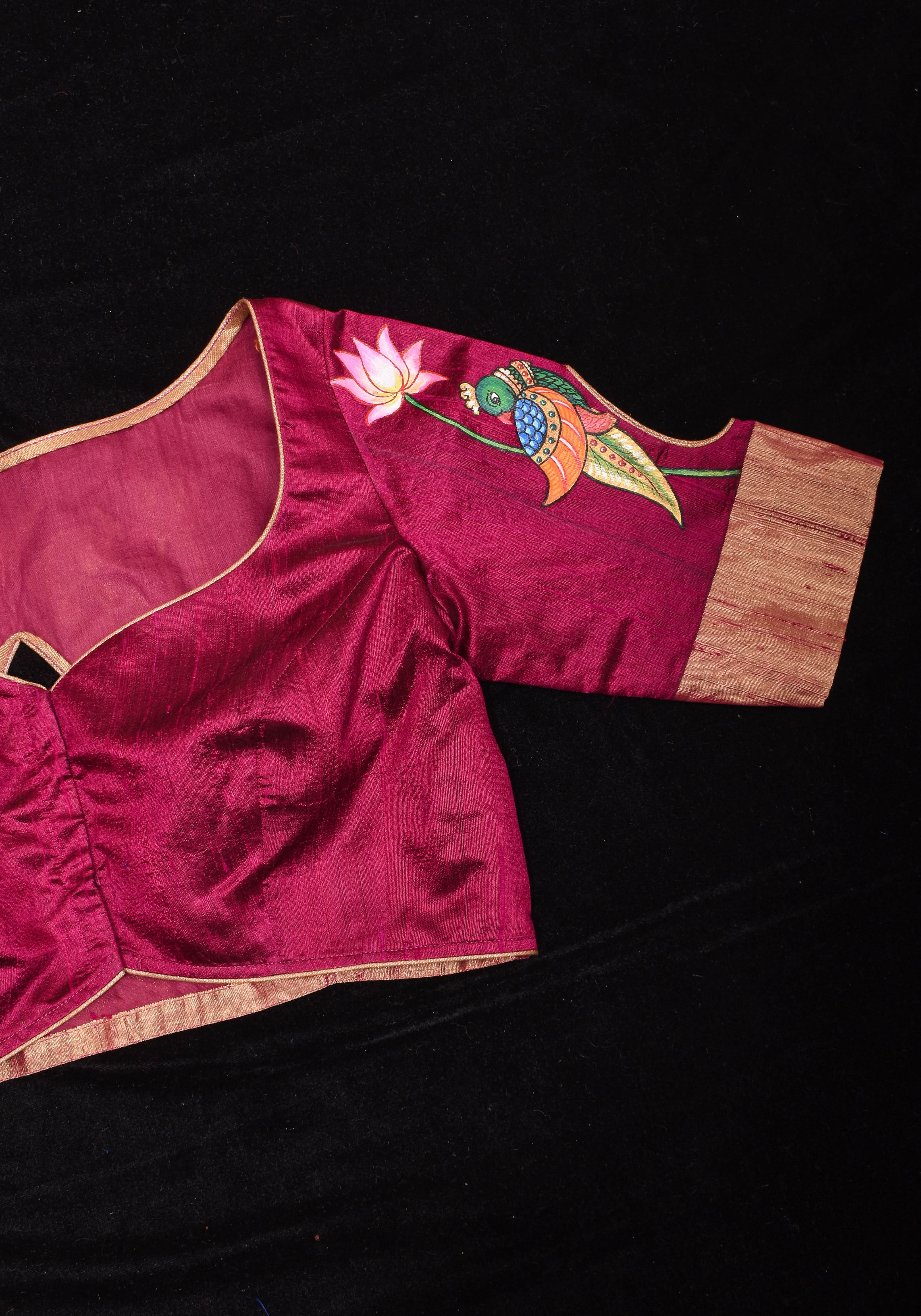 Tanjore Parrots - Pure Raw silk blouse with Handpainting and cutout design, Made to Order | Shobitam