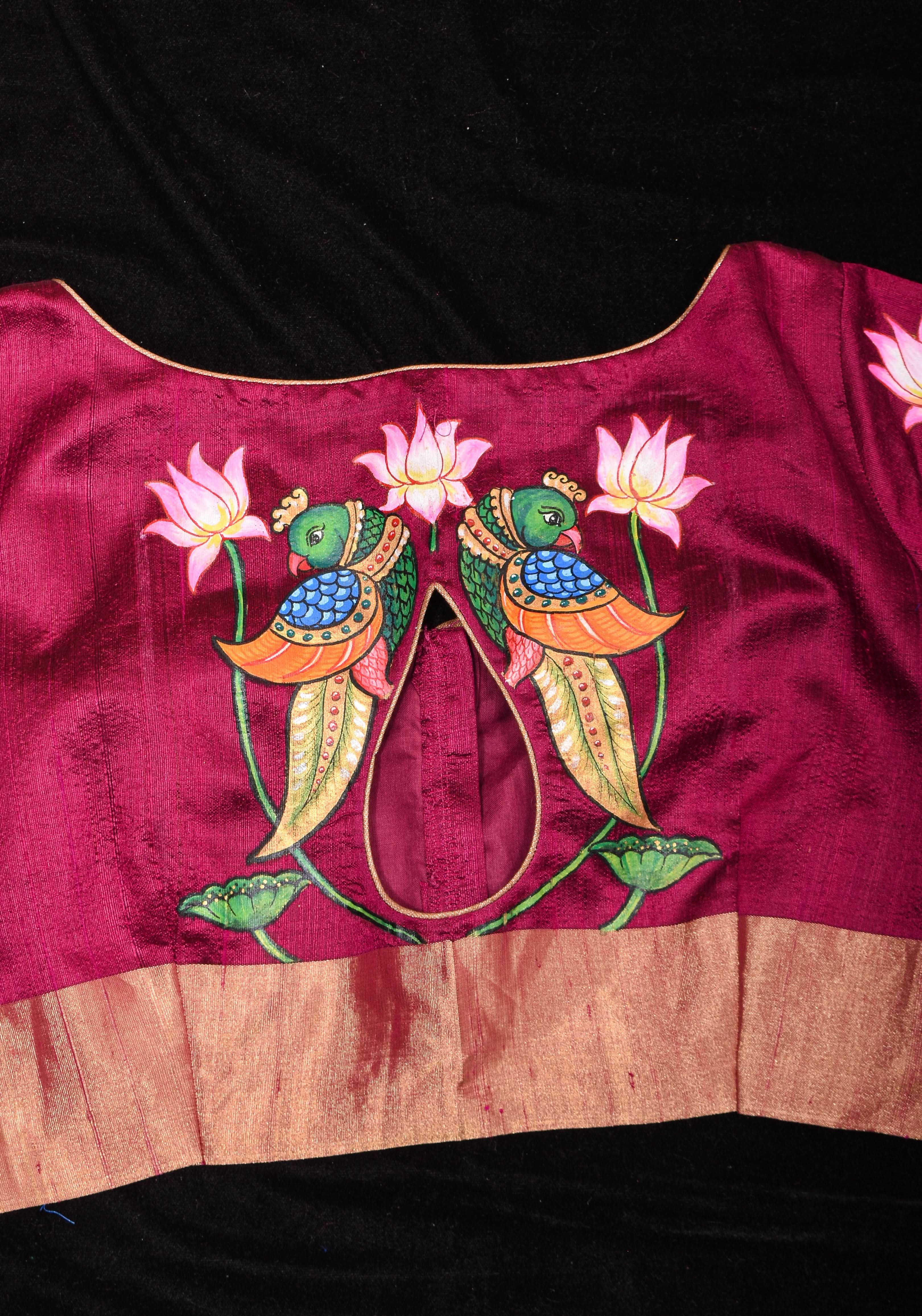 Tanjore Parrots - Pure Raw silk blouse with Handpainting and cutout design, Made to Order | Shobitam