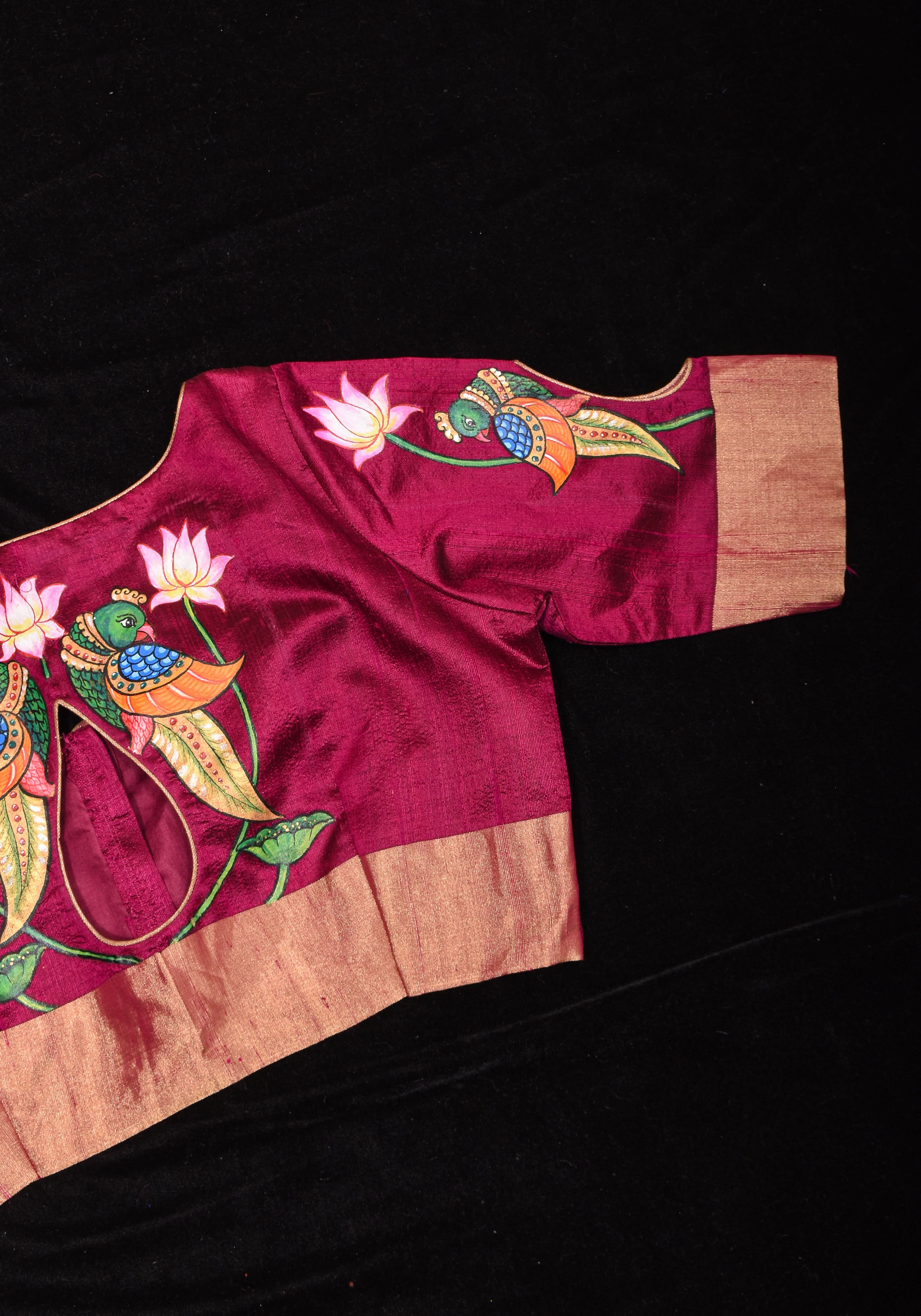 Tanjore Parrots - Pure Raw silk blouse with Handpainting and cutout design, Made to Order | Shobitam