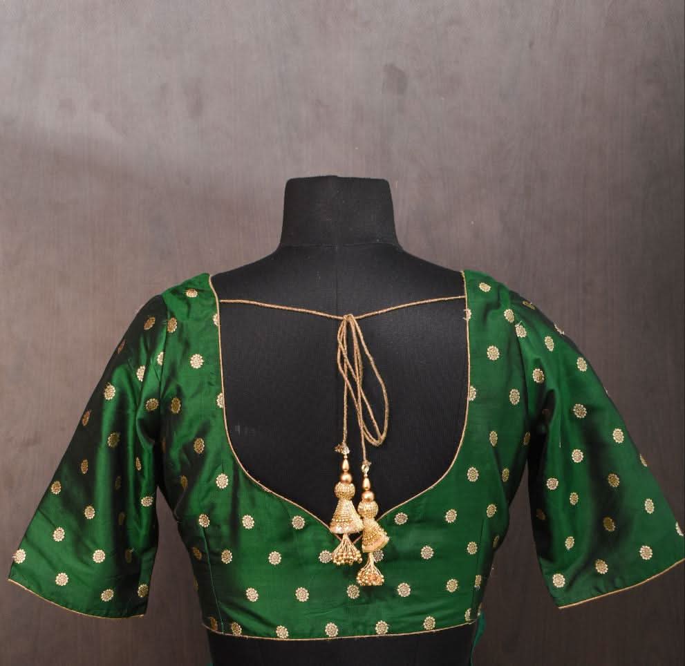 Vidya Balan Kanjivaram Pure Silk Blouse in Emerald Green with zari buttas , Mix and match Blouse for saree | Shobitam
