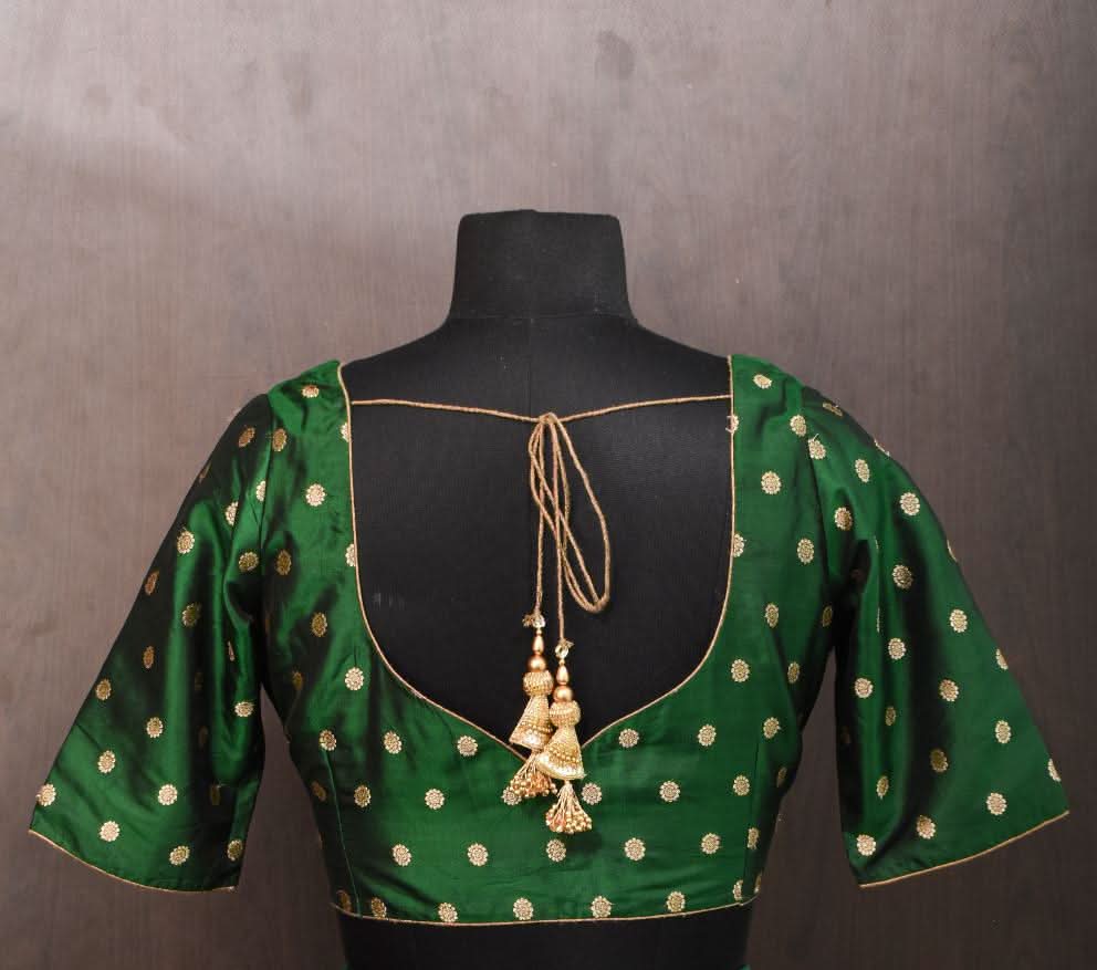 Vidya Balan Kanjivaram Pure Silk Blouse in Emerald Green with zari buttas , Mix and match Blouse for saree | Shobitam
