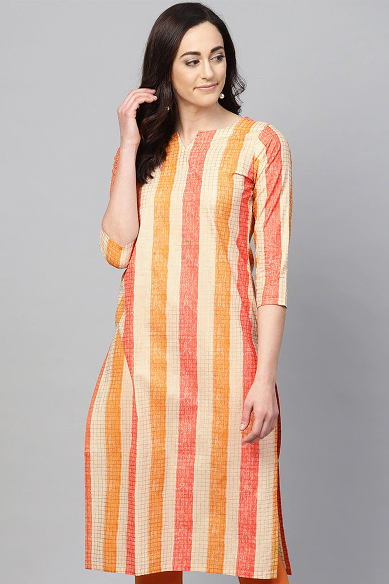 Women Cream-Colored & Orange Checked Straight Kurta | SHOBITAM