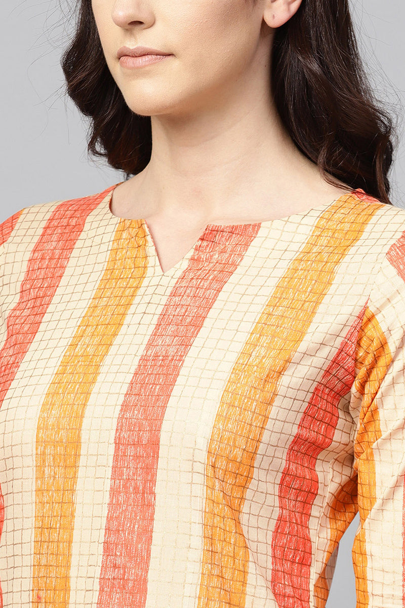 Women Cream-Colored & Orange Checked Straight Kurta | SHOBITAM