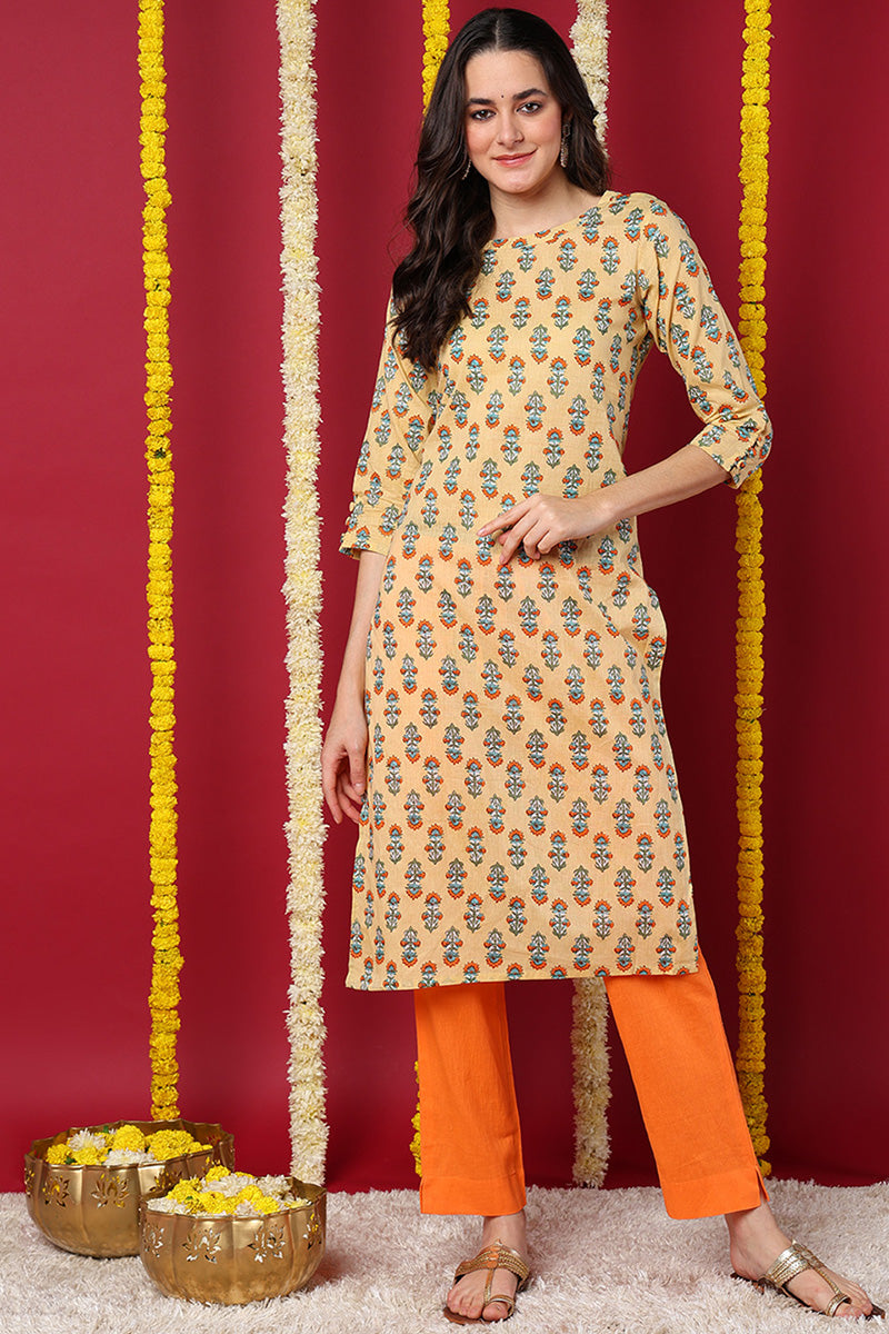 Women Cream Printed Daily Wear Kurti  | SHOBITAM