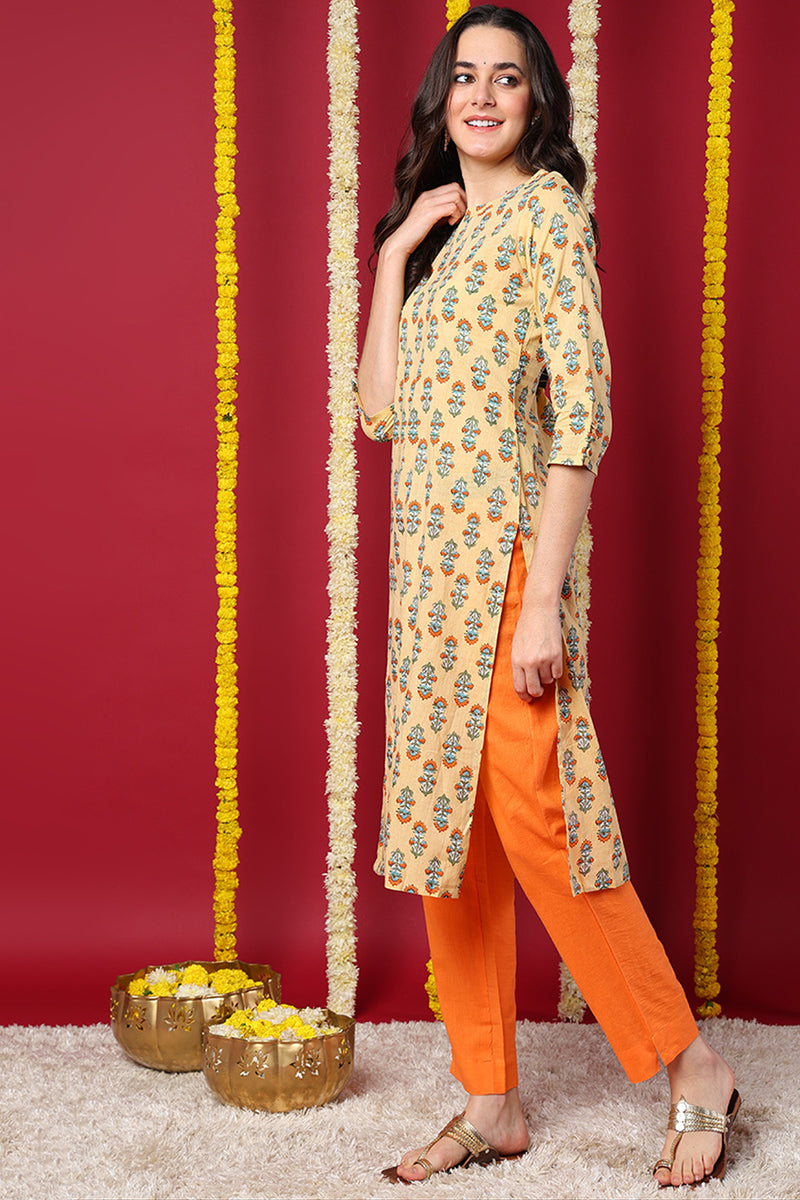 Women Cream Printed Daily Wear Kurti  | SHOBITAM