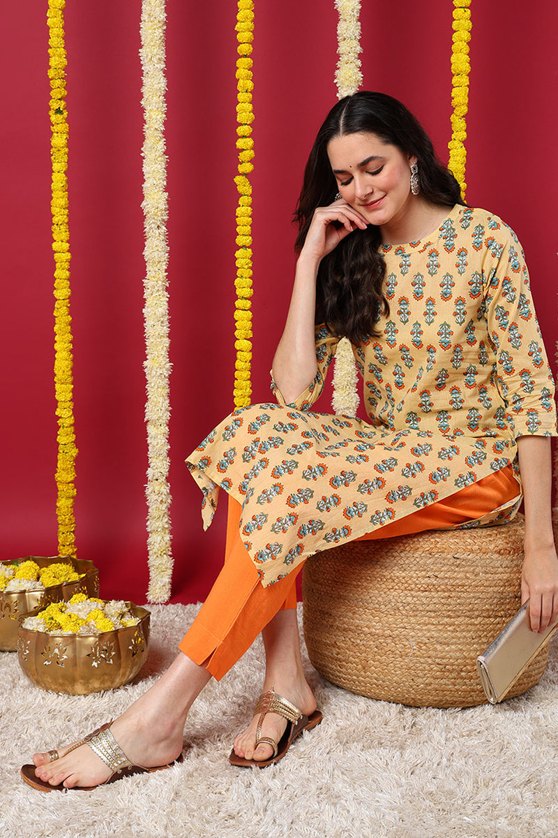 Women Cream Printed Daily Wear Kurti  | SHOBITAM