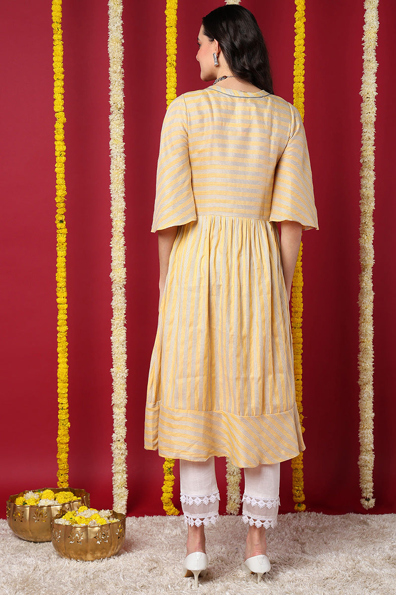 Yellow Striped A Line Kurta  | SHOBITAM