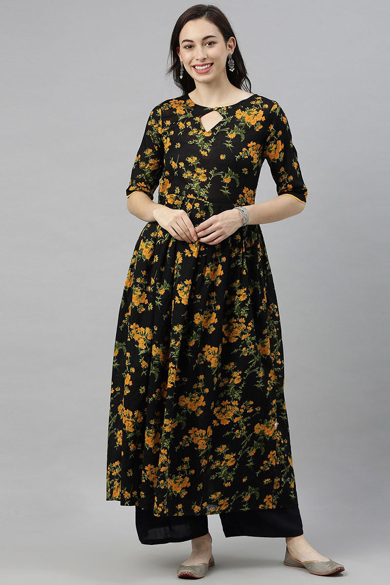 Women Black Floral Printed Keyhole Neck Kurta   | SHOBITAM