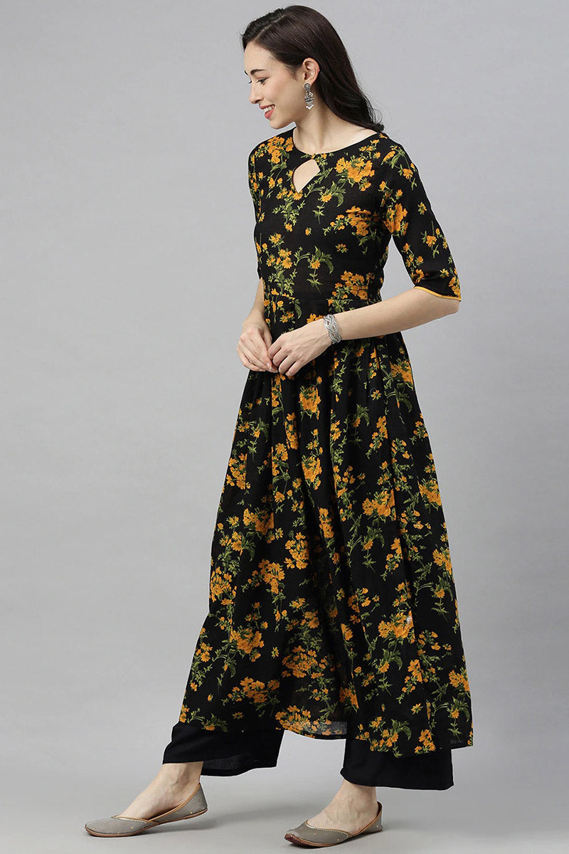 Women Black Floral Printed Keyhole Neck Kurta   | SHOBITAM