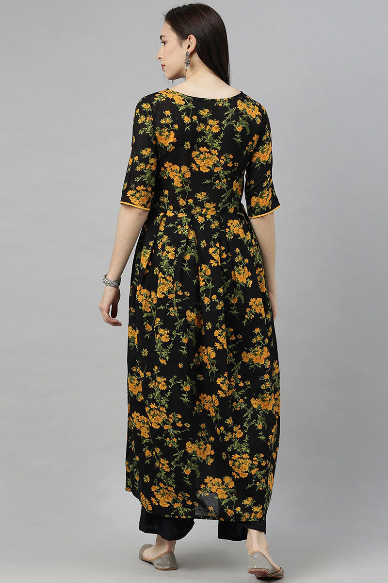 Women Black Floral Printed Keyhole Neck Kurta   | SHOBITAM