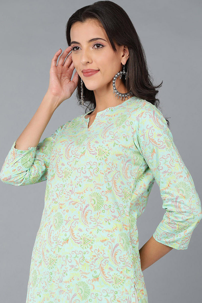 Turquoise Blue Cotton Printed Kurta | SHOBITAM