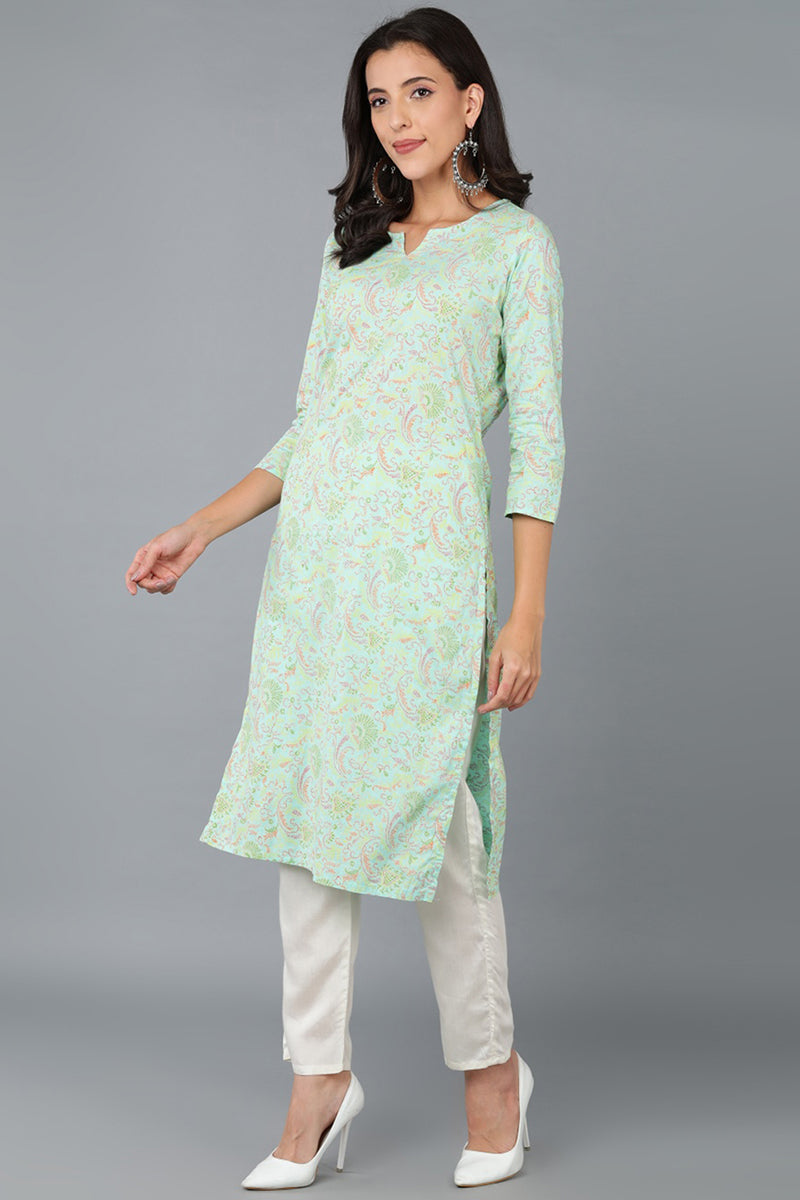 Turquoise Blue Cotton Printed Kurta | SHOBITAM