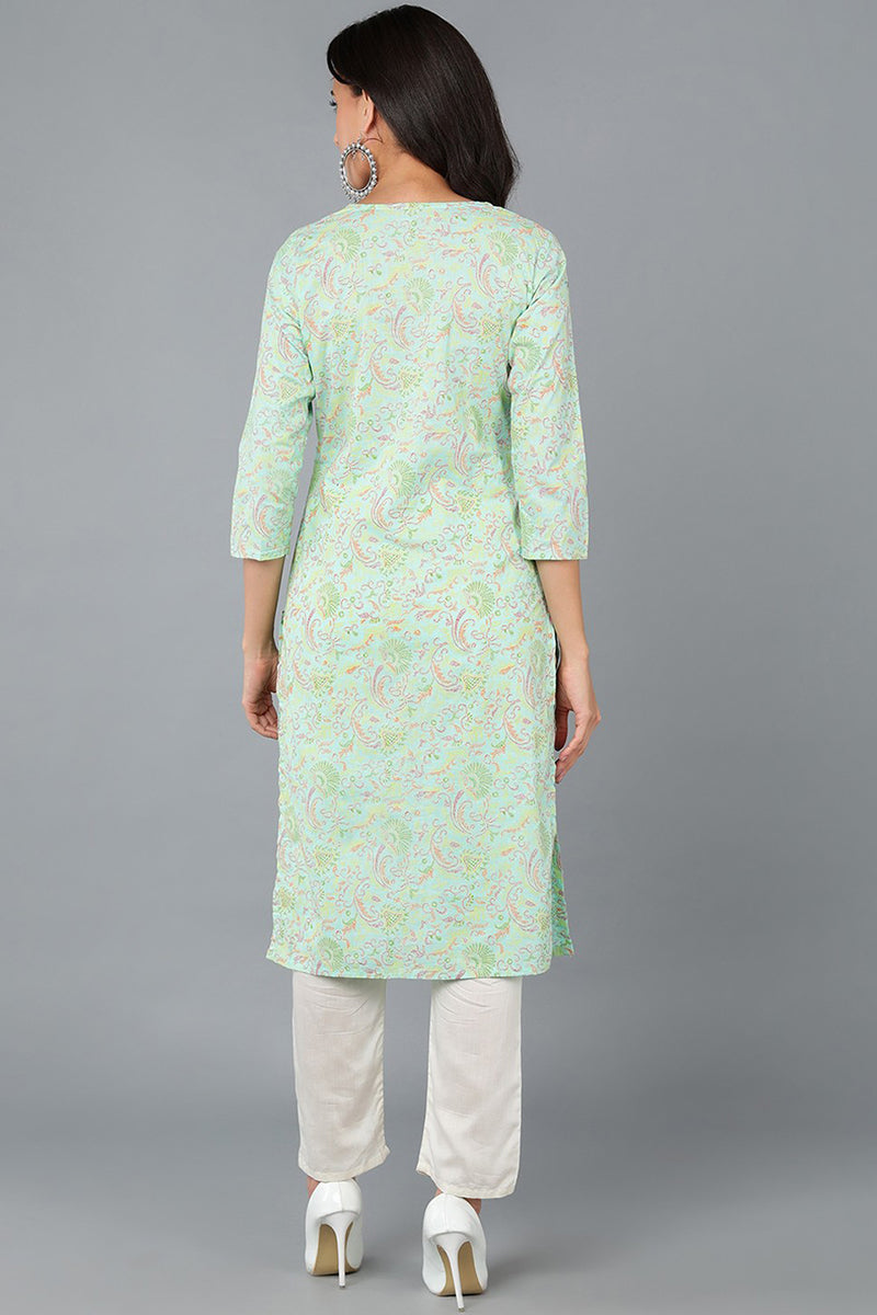 Turquoise Blue Cotton Printed Kurta | SHOBITAM