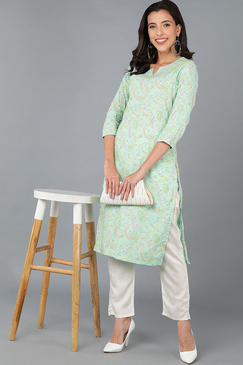 Turquoise Blue Cotton Printed Kurta | SHOBITAM